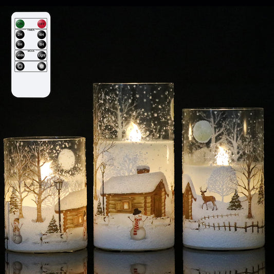DRomance Snowman Glass Flameless Candles Battery Operated with Remote and Timer Real Wax LED Flickering Pillar Candles White Cold Light Window Christmas Holiday Decor D3 x 4",5",6"