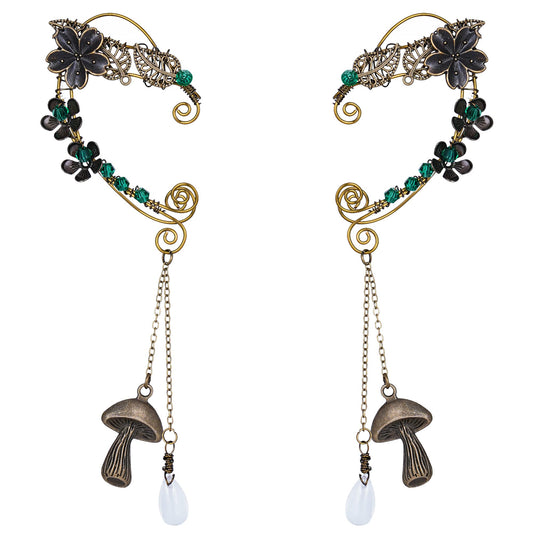 Renaissance Handmade Cherry Blossom Elf Fairy Ear Cuffs - Bronze Forest Antique Vintage Earrings with Green Rhinestone Delicate Dangle Ear Jewelry for Women Christmas Halloween Costume Dress Up Accessory