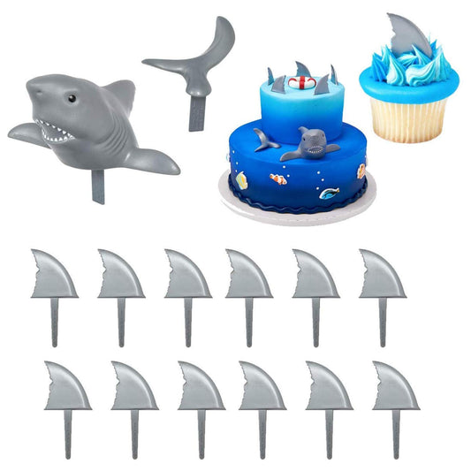 Shark Creations Cake Decorating Set Cake Topper and 24 Shark Fin Cupcake Topper Picks plus Bundle of Fun Sticker