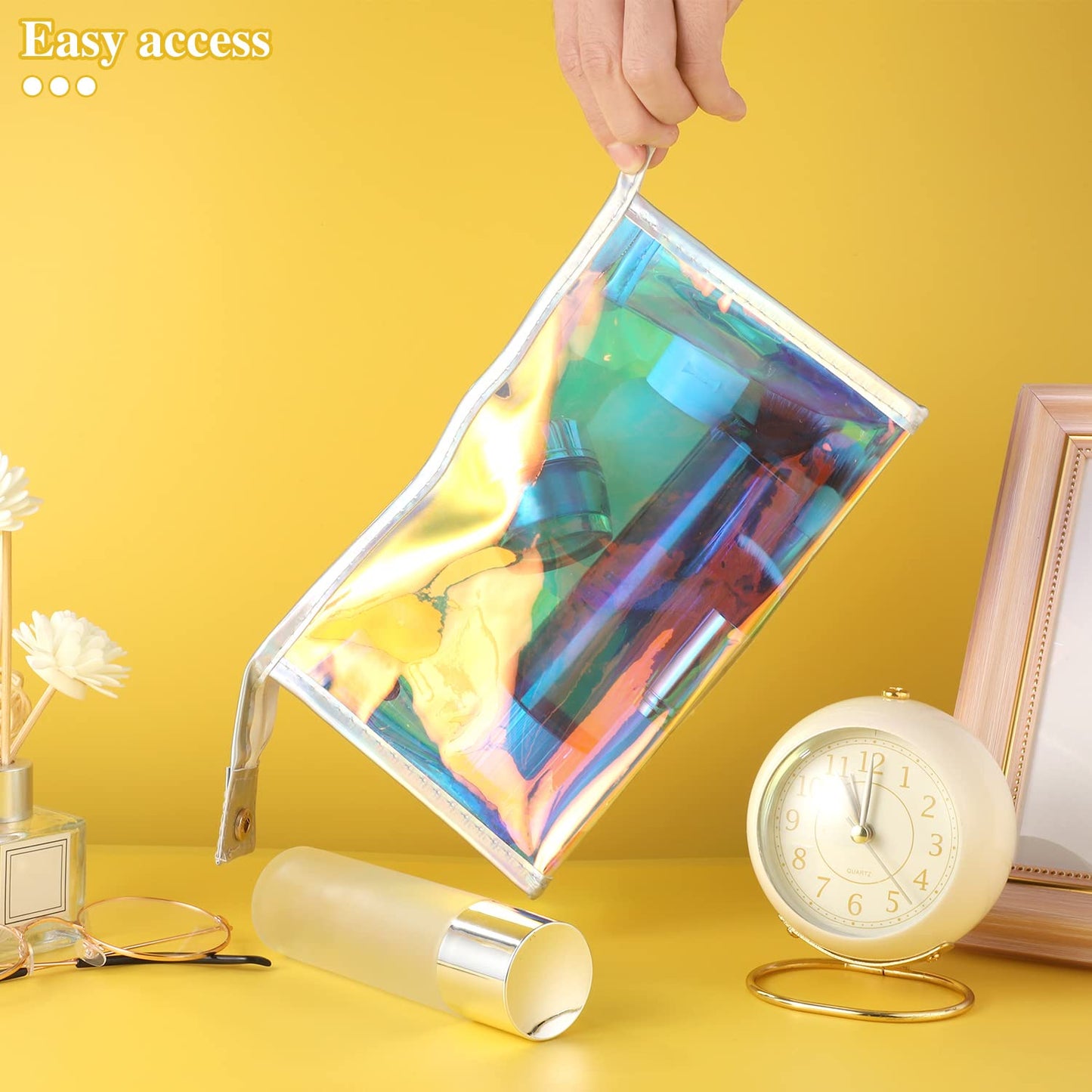 BESARME 10 Pcs Holographic Makeup Bags, Clear PVC Makeup Bag Iridescent Pouch Portable Zippered Toiletry Bag Waterproof Cosmetic Bags Stocking Stuffers for Women Girls Bathroom Vacation