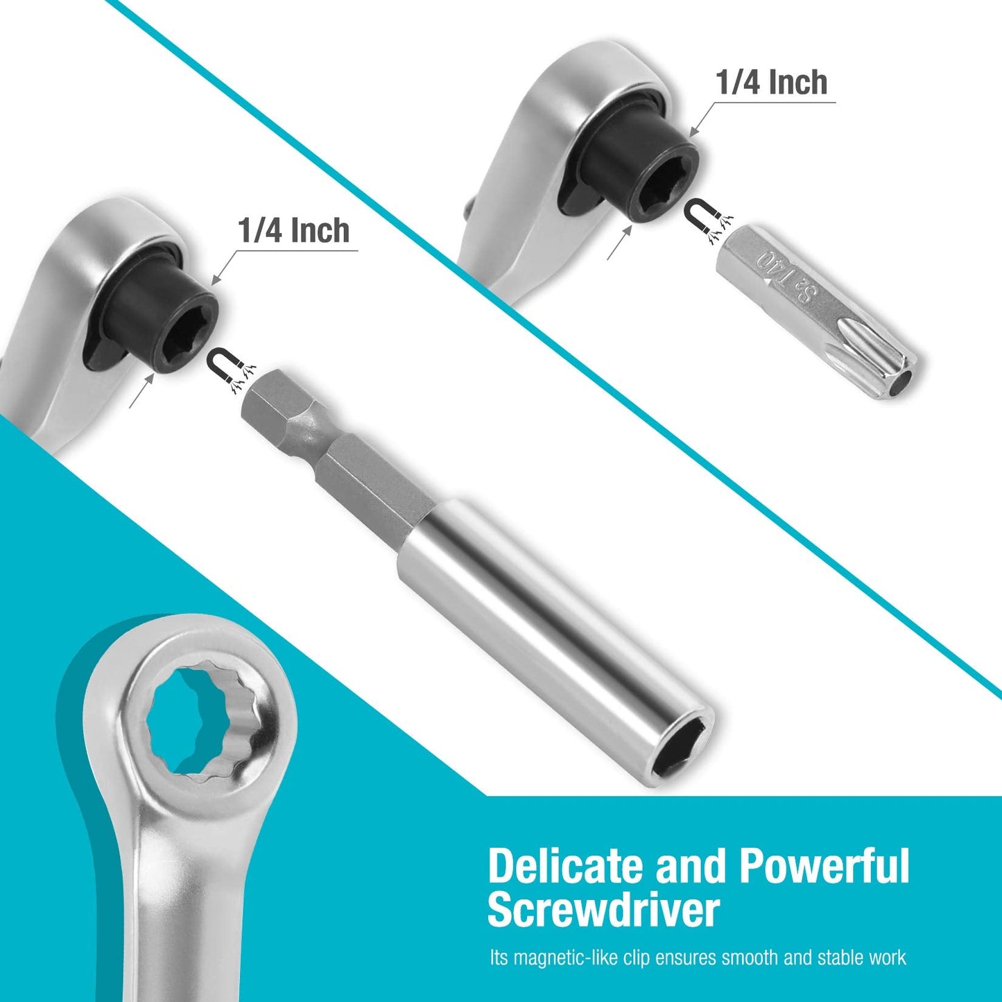 DURATECH 56-Piece 1/4" Mini Ratchet Wrench and Screwdriver Bit Set, 2-in-1, 72-Tooth and 60-Tooth with Bit Socket Set, Storage Cases Included