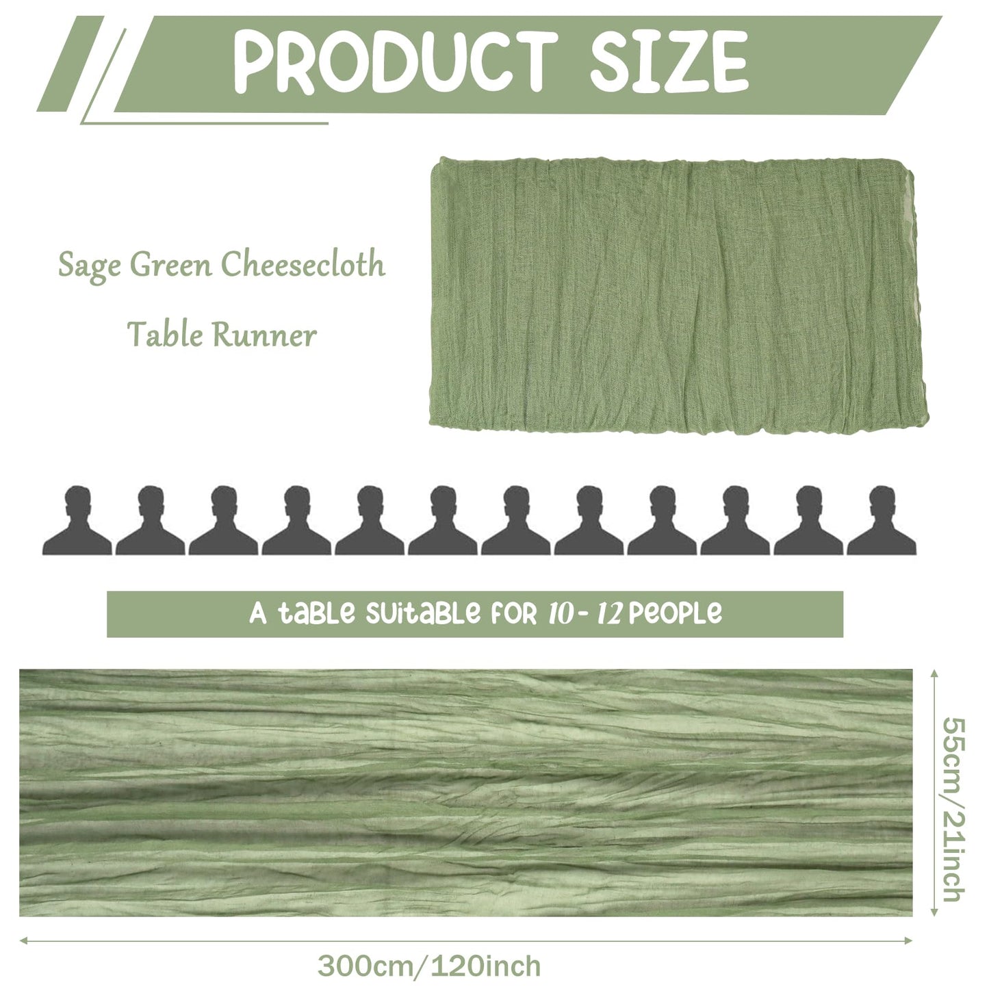 10 Pack Sage Green Cheesecloth Table Runner 10FT Boho Gauze Fabric Table Runner Vintage Rustic Sheer Runners for Wedding Party Bridal Baby Shower Long Table Decorations