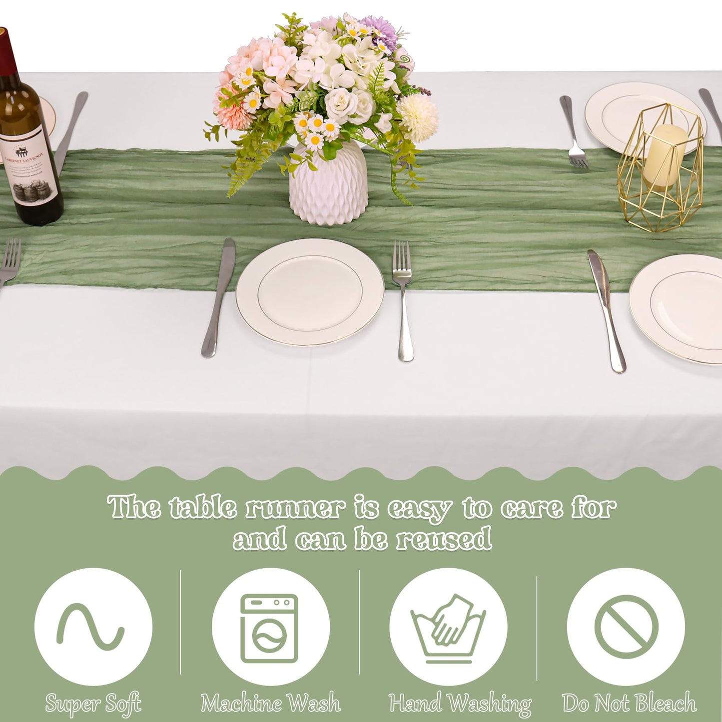 10 Pack Sage Green Cheesecloth Table Runner 10FT Boho Gauze Fabric Table Runner Vintage Rustic Sheer Runners for Wedding Party Bridal Baby Shower Long Table Decorations