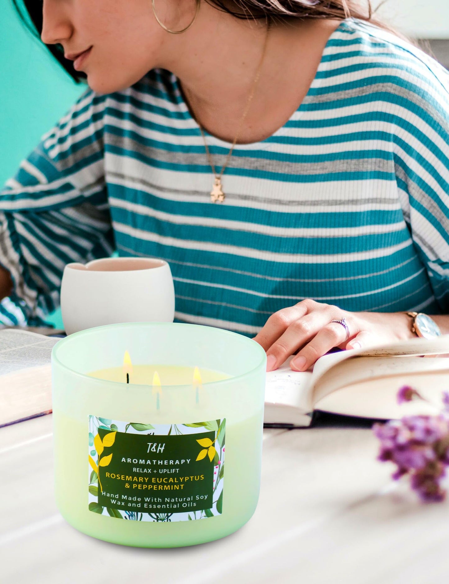 Rosemary Eucalyptus Peppermint Candle | Highly Scented Large 3 Wick Soy Candle 15.8 oz | Uplifting Eucalyptus Mint Scented Candles for Home | Aromatherapy Stress Relief Spa Candles for Men & Women