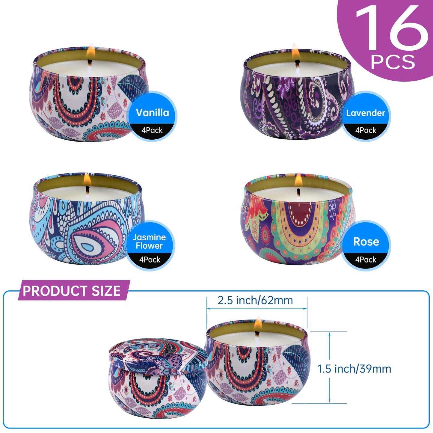 kedtui Scented Candles Gift Set, 16 Pack Aromatherapy Candle, Natural Soy Wax Travel Tin Candles for Home Scented, Ideal for Christmas, Birthday, Thanksgiving, Valentines Day Gifts