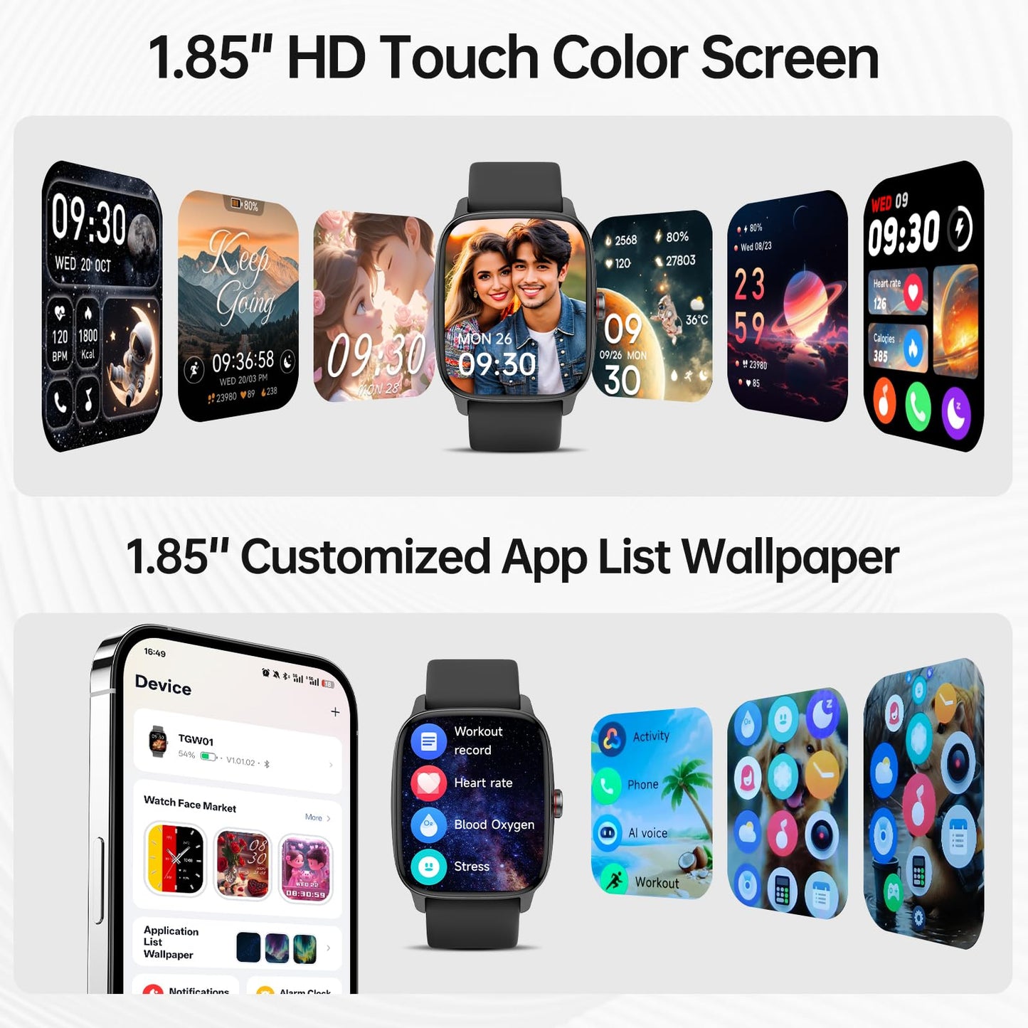 Smart Watch for Men Women with Bluetooth Call & AI Voice, 1.85" HD Fitness Tracker with Heart Rate SpO2 Sleep Monitor, 100+ Sports Modes, Mini Games, IP68 Waterproof Smartwatch for Android iOS Phones