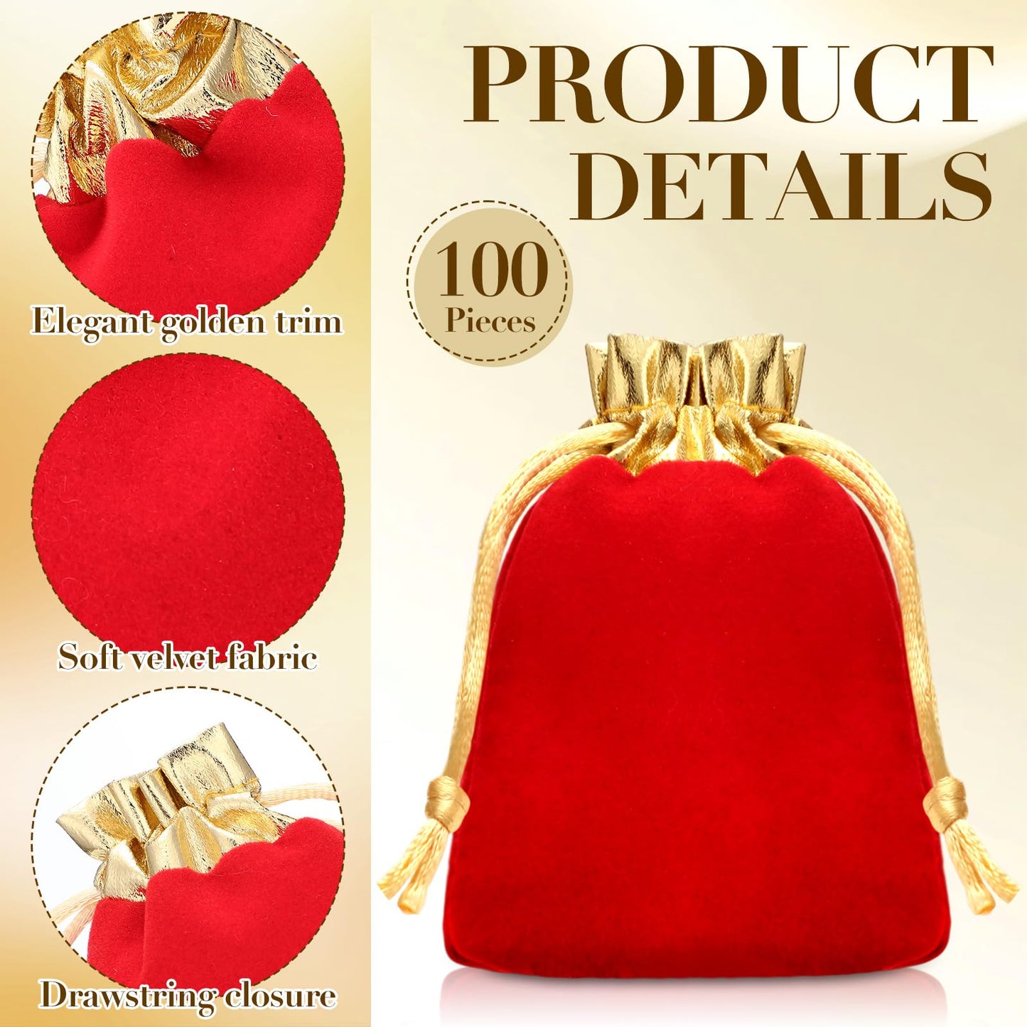 Sweetude 100 Pieces Velvet Drawstring Bags Jewelry Pouches for Christmas 2.76 x 3.54 Inches Wedding Mini Gift Bags for Christmas, Party Favors (Gold Opening Red)