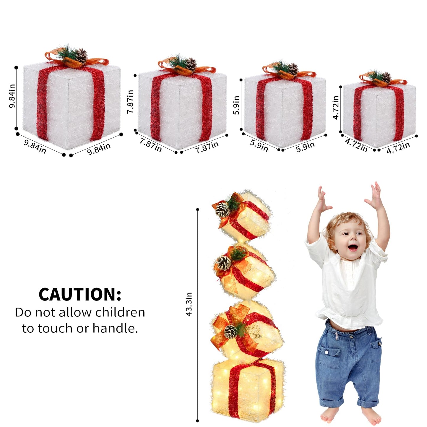 COVFEVER Christmas Lighted Gift Boxes Decorations Set of 4, 3.6Ft Stackable Christmas Nesting Boxes Battery Operated for Home and Party Decoration (10"-8"-6"-5", Red Bow)