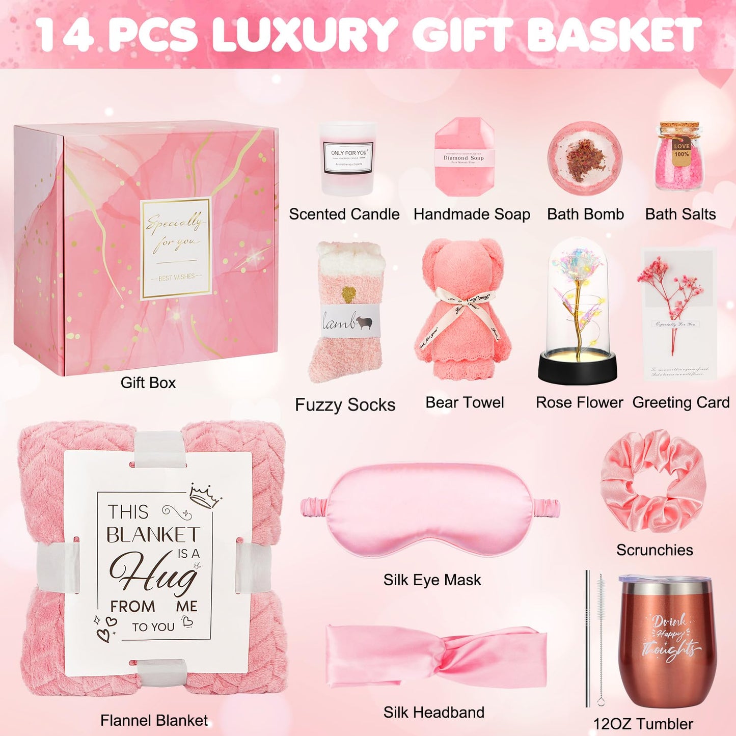 Birthday and Get Well Gifts for Women - Relaxing Spa Care Package With Luxury Flannel Blanket, Light-Up Rose Flower - Unique Self Care Gift Basket for Mom, Wife, Friends