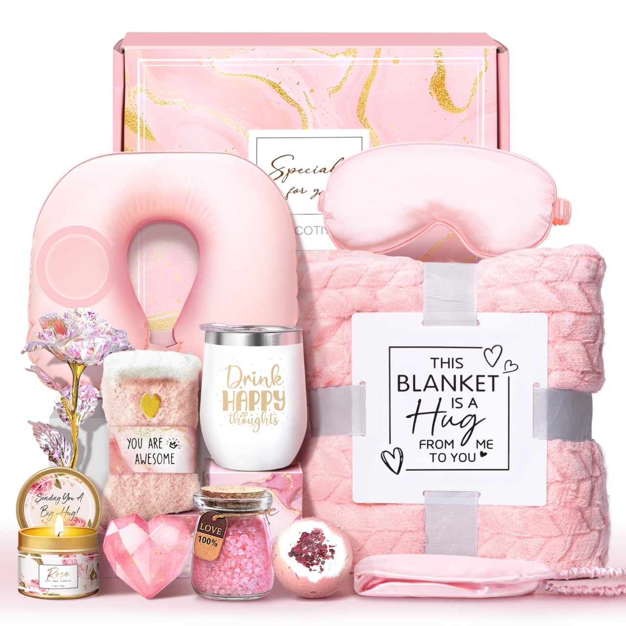 Birthday Gifts for Women Self Care Gifts Get Well Soon Gifts for Women,Relaxing Spa Gifts Basket w/Flannel Blanket Traveling Pillow Care Package christmas Birthday Gifts Idea for Mom Her Wife Friends