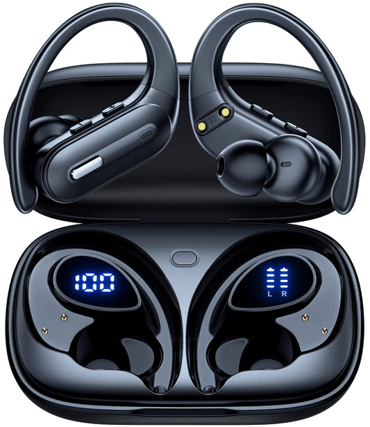 Wireless Earbuds Bluetooth 5.3 Headphones 90 Hrs Playtime Ear buds with Wireless Charging Case Power Display Over-ear Earphones with Earhooks Waterproof Stereo Headset for Android phone Workout Black