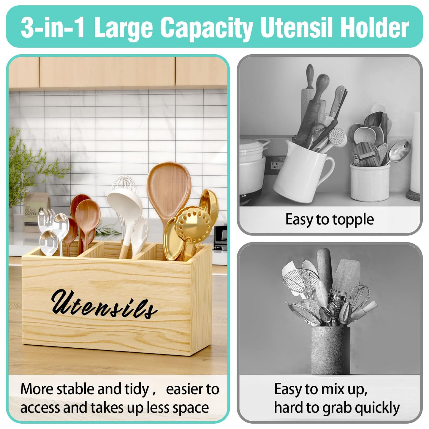 REFGY Wooden Kitchen Utensil Holder, Flatware Utensil Caddy with 3 Compartments, Utensil Caddy for Parties, Storage Organizer Box for Kitchen Counter & Silverware, Natural