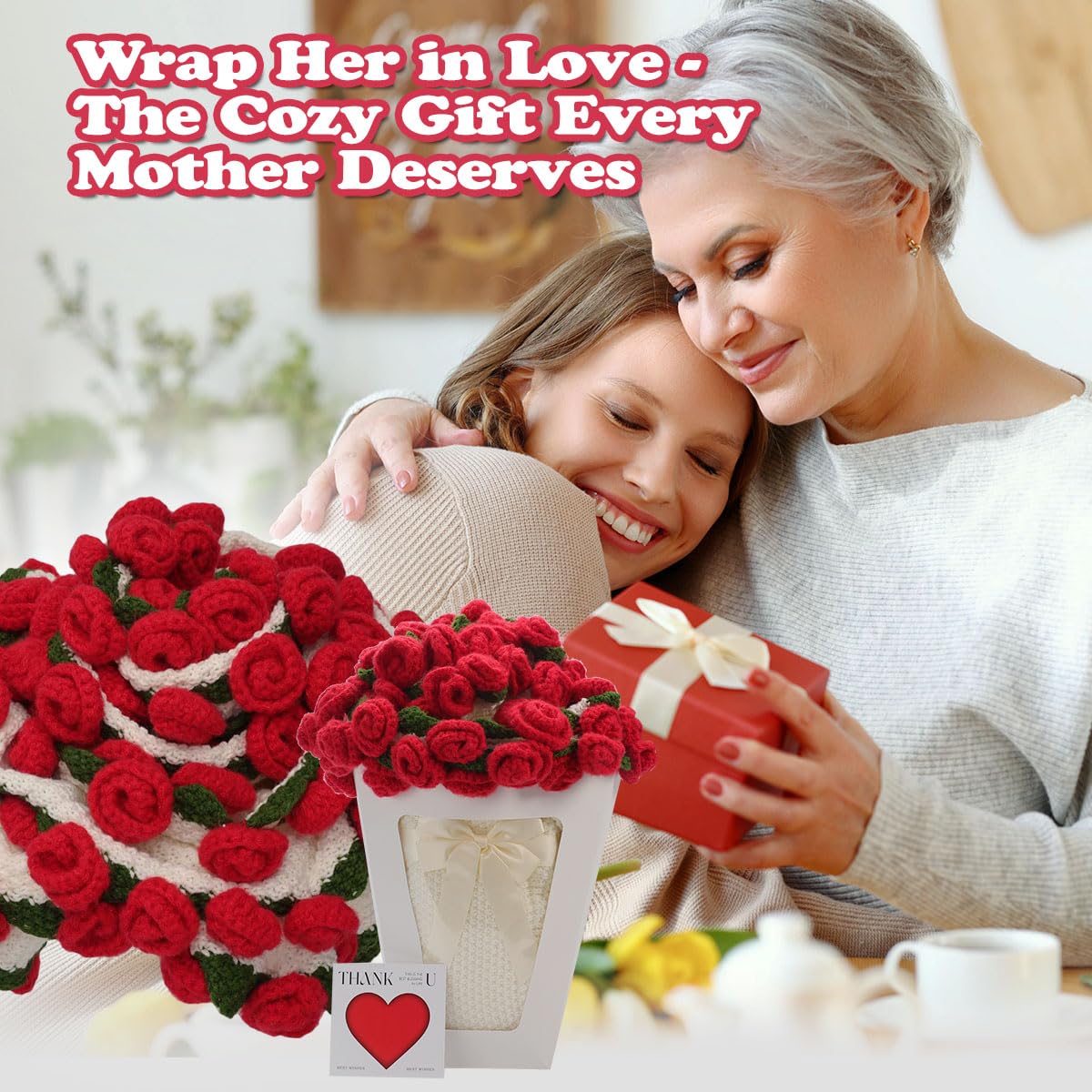 Duryeo Stocking Stuffers for Women, Crochet Rose Flower Bouquet Blanket, Christmas, Valentines Day, Wedding, Anniversary, Birthday Gifts Ideas for Mom, Grandma, Girlfriend, Wife, Sister, Couple