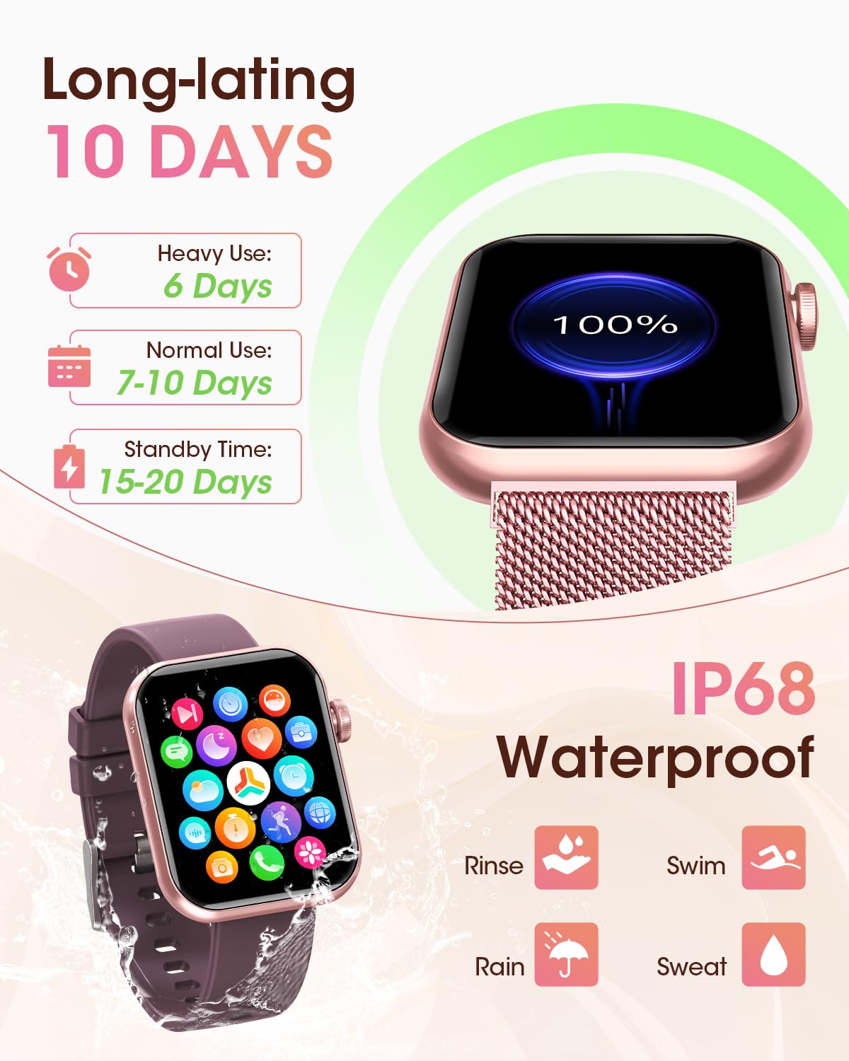 Smart Watches for Women, Health Fitness Watch for Android iPhone, Sleep/Heart Rate/SpO2/Blood Pressure Monitor, 1.85'' Smartwatch for Calls/SMS/Notifications, 100+ Sports Modes, 300+ Dials, 3 Bands