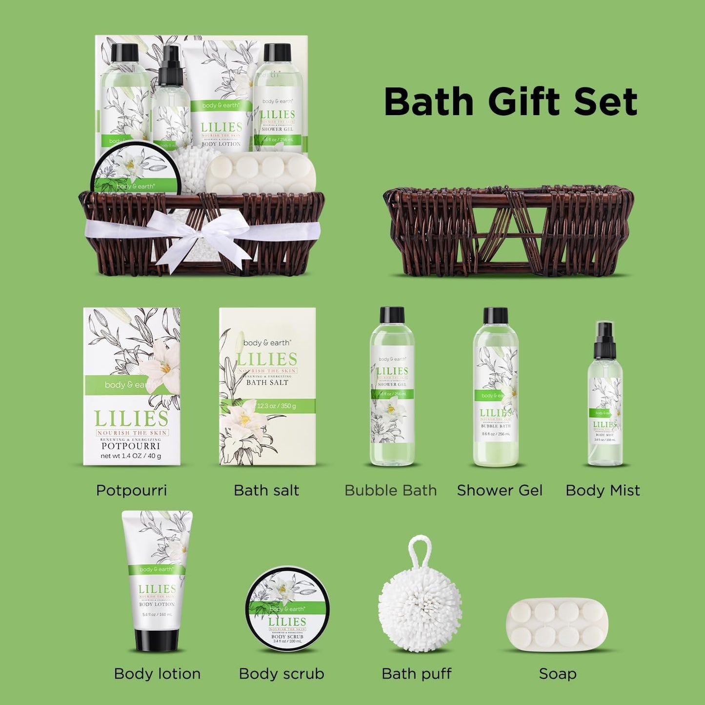Spa Gift Baskets For Women Body & Earth 10pcs Spa Gifts For Women, Lily Gift Baskets Bath and Body Works Gift Set For Women with Bubble Bath, Body Lotion, Christmas Gift Baskets for Women Bath Set