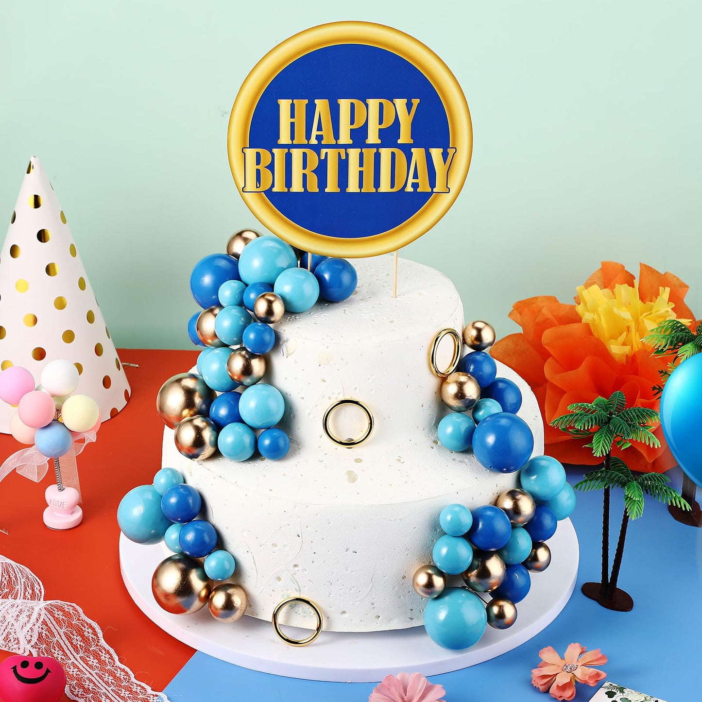 Chunful 66 Pcs Hedgehog Theme Cake Topper Happy Birthday Cake Decorations Blue Gold Balls for Baby Shower Cartoon Birthday Party Supplies