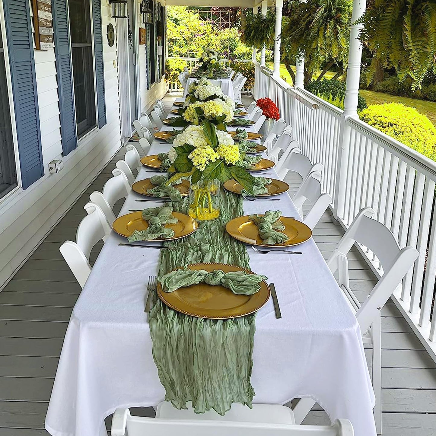 10 Pack Sage Green Cheesecloth Table Runner 10FT Boho Gauze Fabric Table Runner Vintage Rustic Sheer Runners for Wedding Party Bridal Baby Shower Long Table Decorations