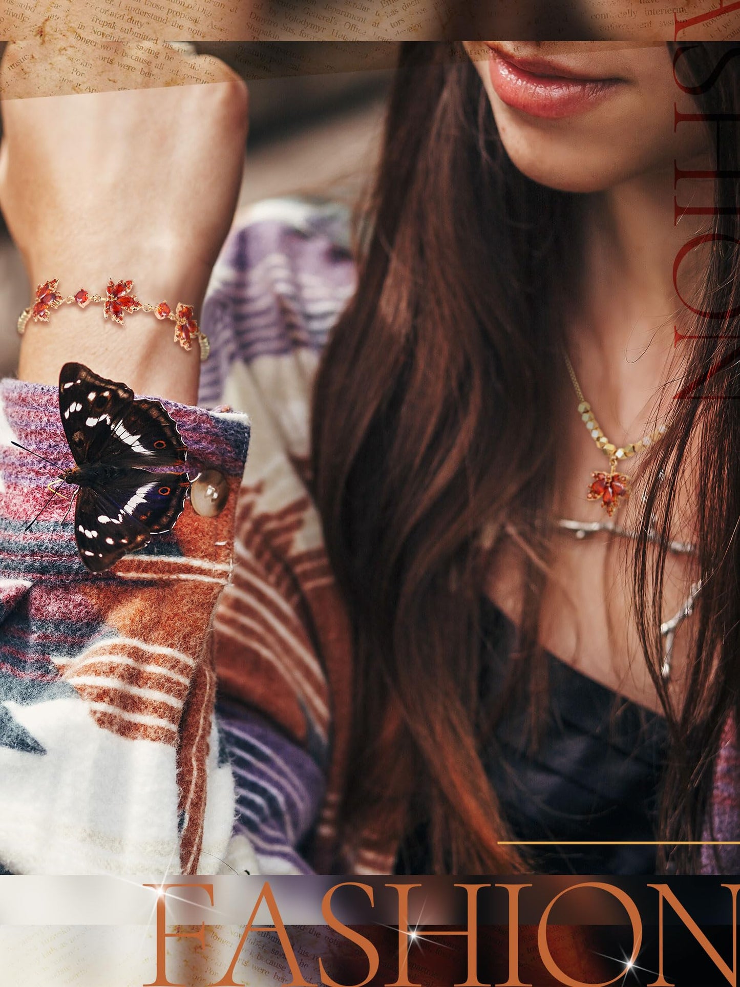 Sasylvia 4 Pcs Autumn Maple Leaf Fall Jewelry Set for Women Necklace Rhinestone Bracelet 2 Maple Leaf Earring Accessory Gift(Vintage)