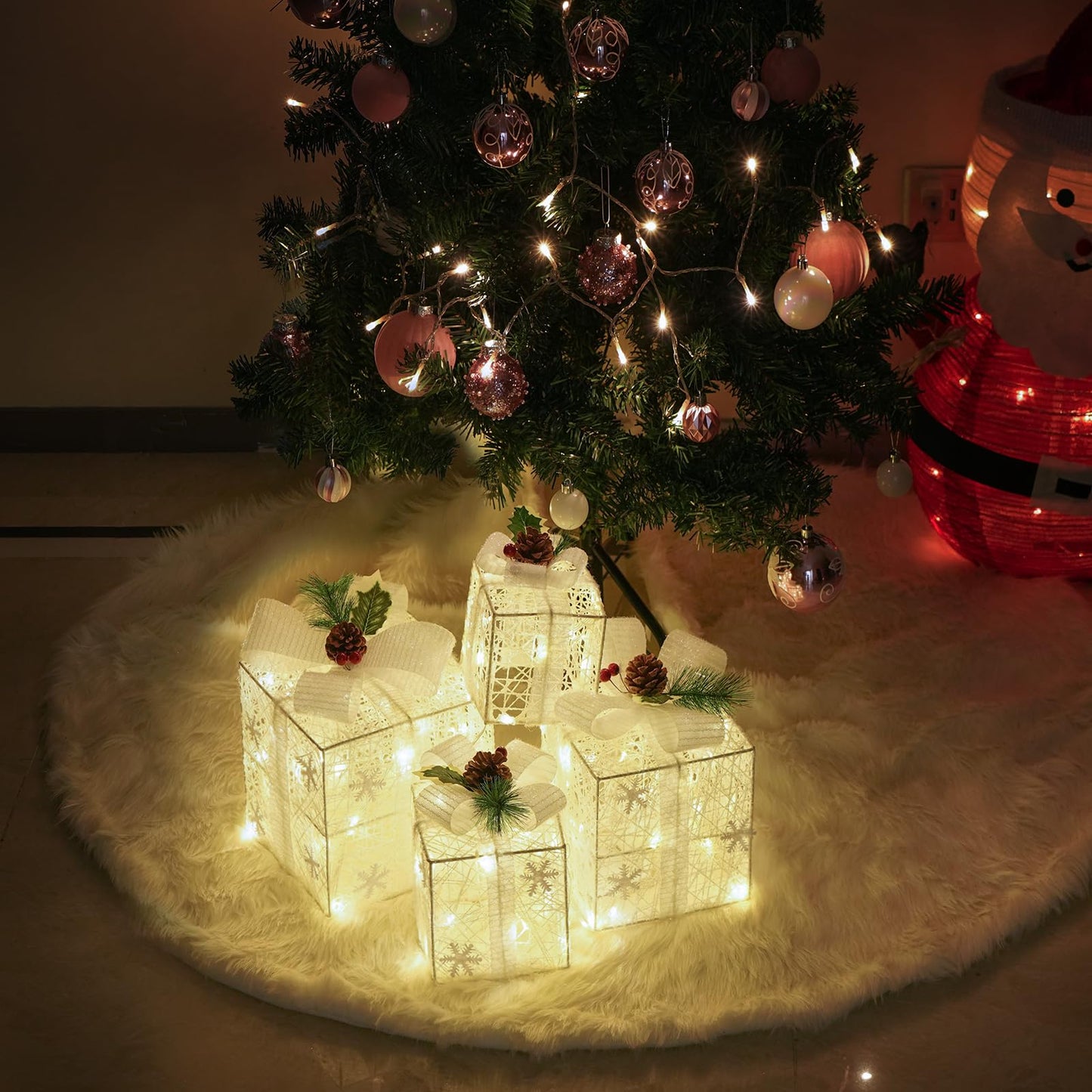 Christmas Lighted Gift Boxes, Set of 4 Christmas Decorations, Battery Operated Xmas Present Boxes, Warm White LED with Bows for Indoor Christmas Tree, Yard, Home Decor