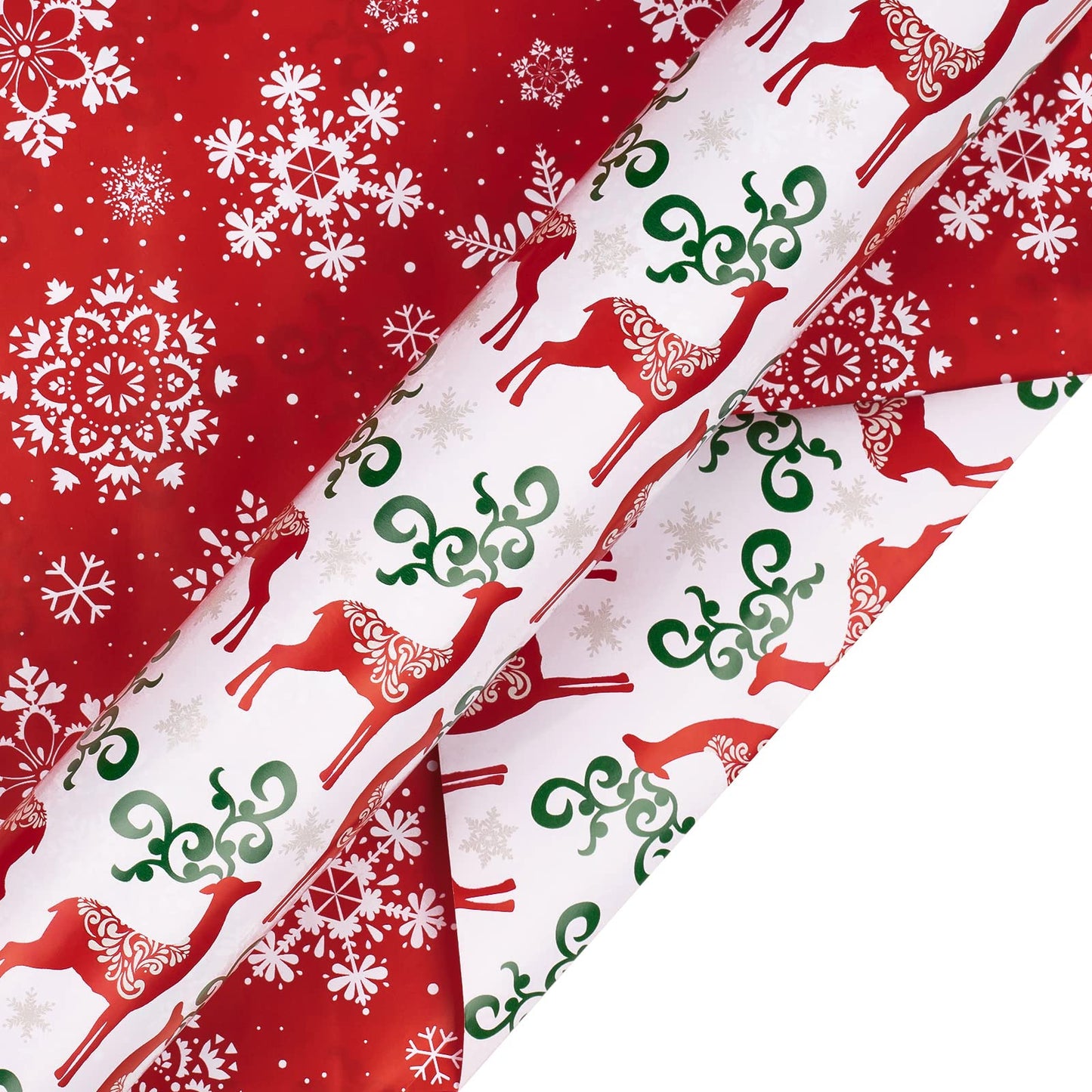 MAYPLUSS Christmas Reversible Wrapping Paper Jumbo Roll - 30 Inches x 100 Feet - Red Green Reindeer and Snowflakes