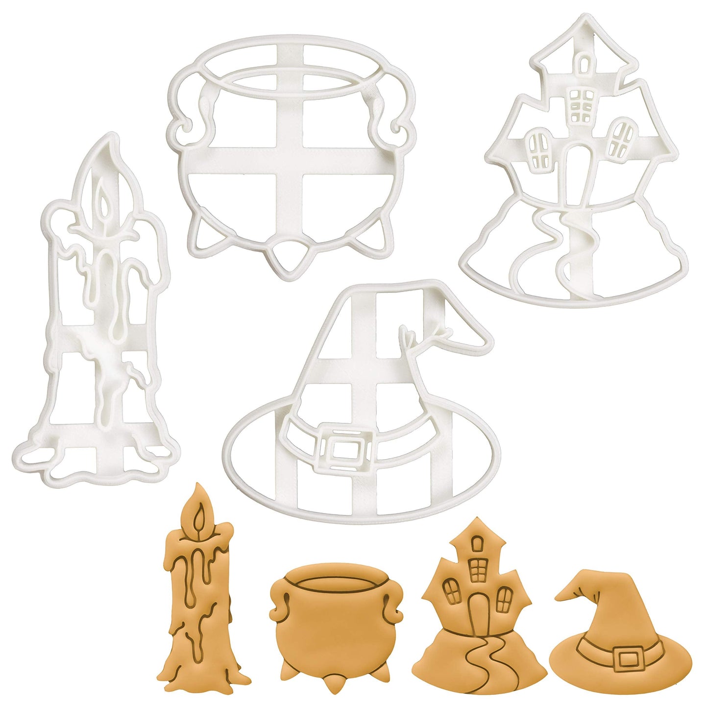 Set of 4 Witchcraft theme cookie cutters (Designs: Candle, Cauldron, Witch Hat, and Haunted House), 4 pieces - Bakerlogy