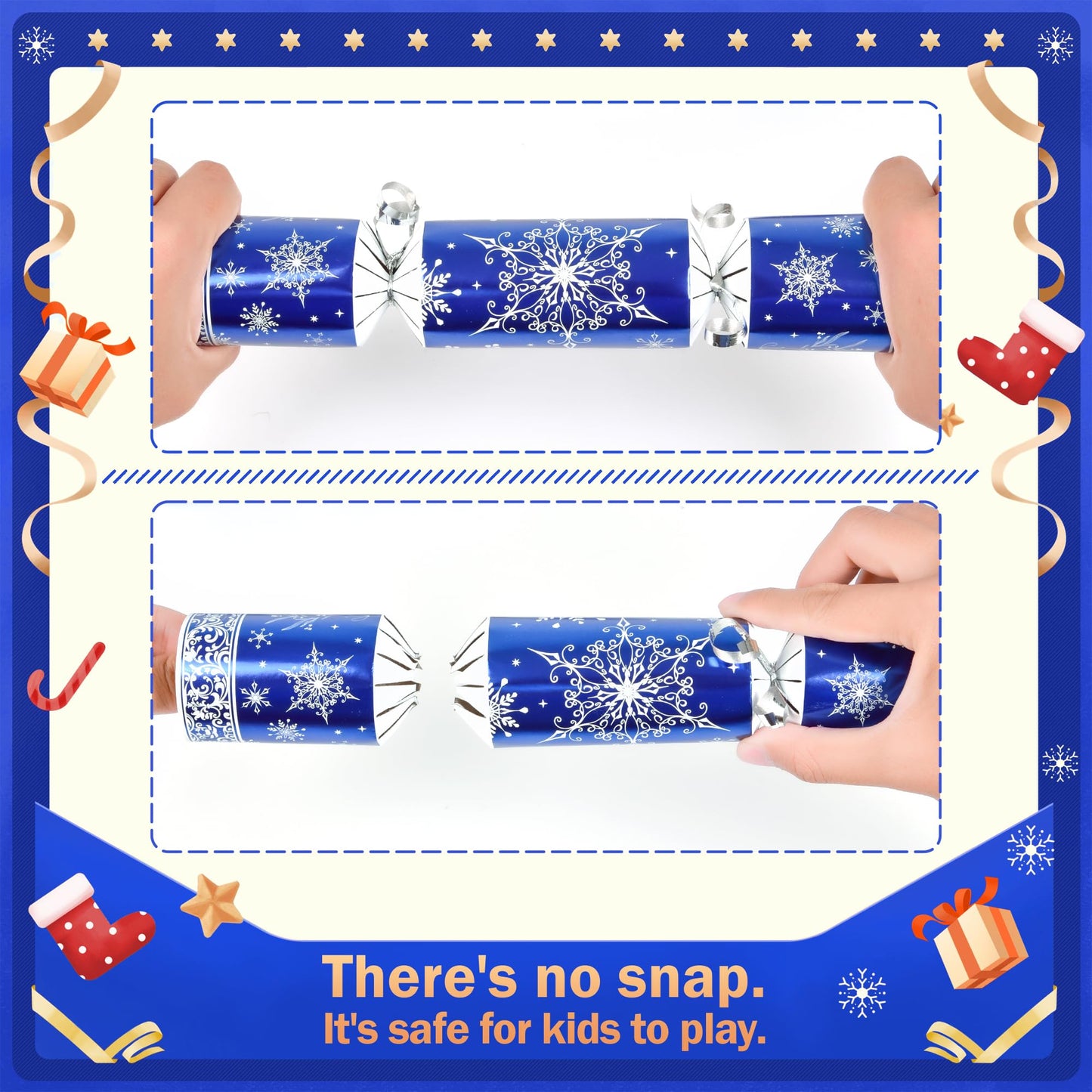 Christmas Crackers, 12 Pack Valentines No Snap Party Favors with Party Hat, Joke & Little Gift Inside for Christmas Thanksgiving Seasonal Holiday Dinner Traditions (Blue and White)