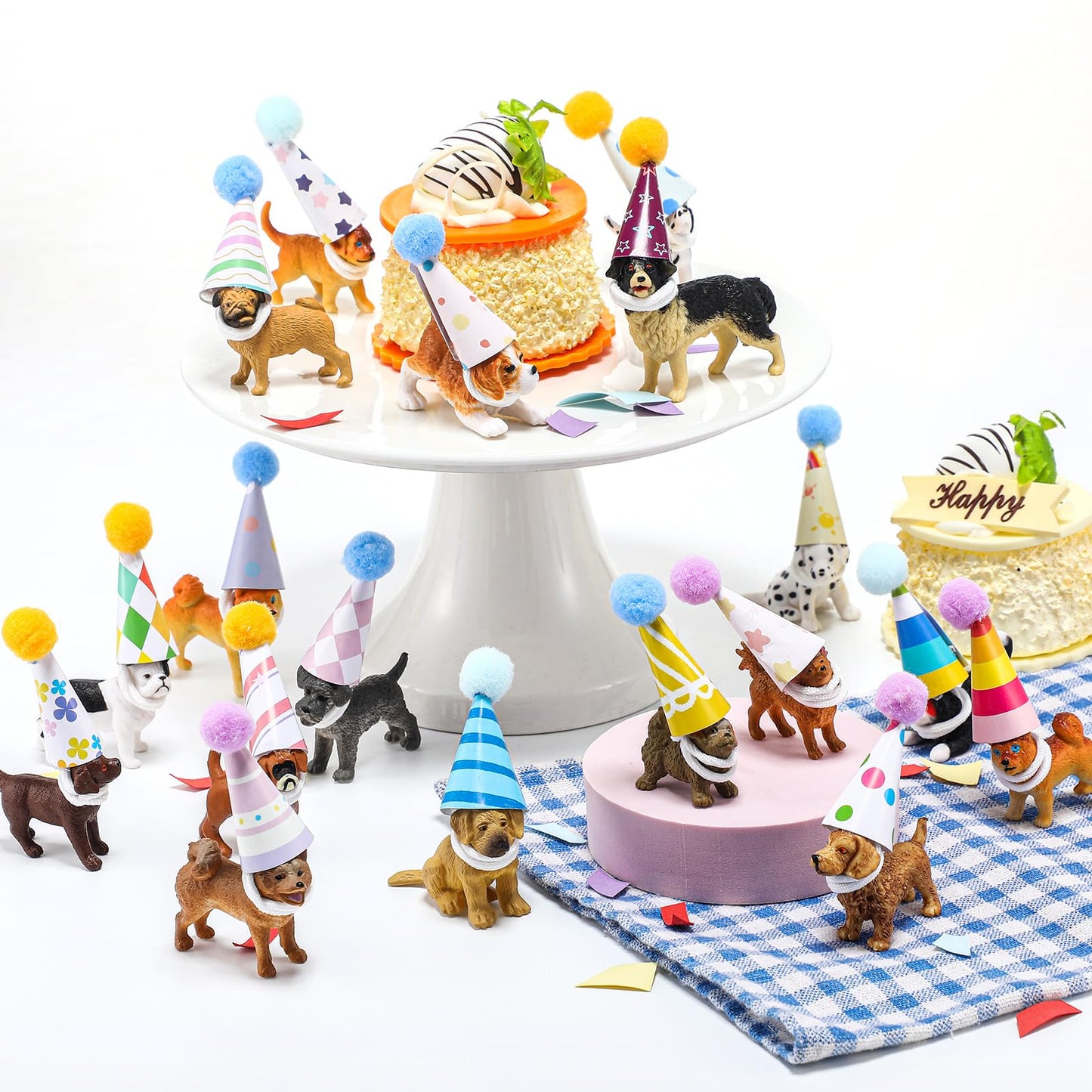 Simgoing 36 Pcs Mini Dog Birthday Party Decorations Mini Birthday Hat with Pom Poms Puppy Figure Model Cake Toppers with Hat for Dog Lovers Animals Themed Party