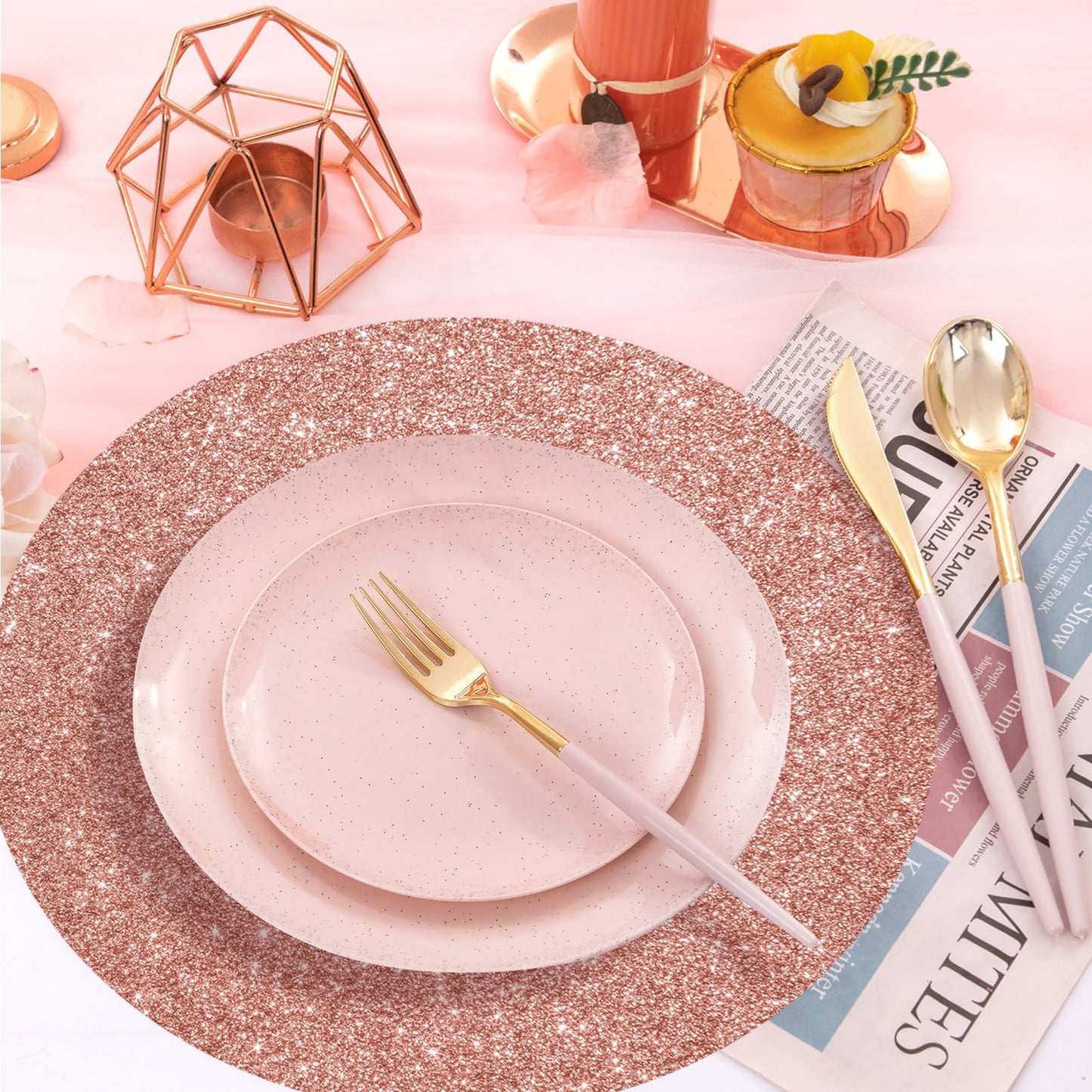 SMUAENSS 100 PCS Rose Gold Paper Placemats Disposable, 13.5" Round Disposable Table Mats, Rose Golden Shiny Table Mats for Birthday Wedding Holiday Party Home Dining Tableware