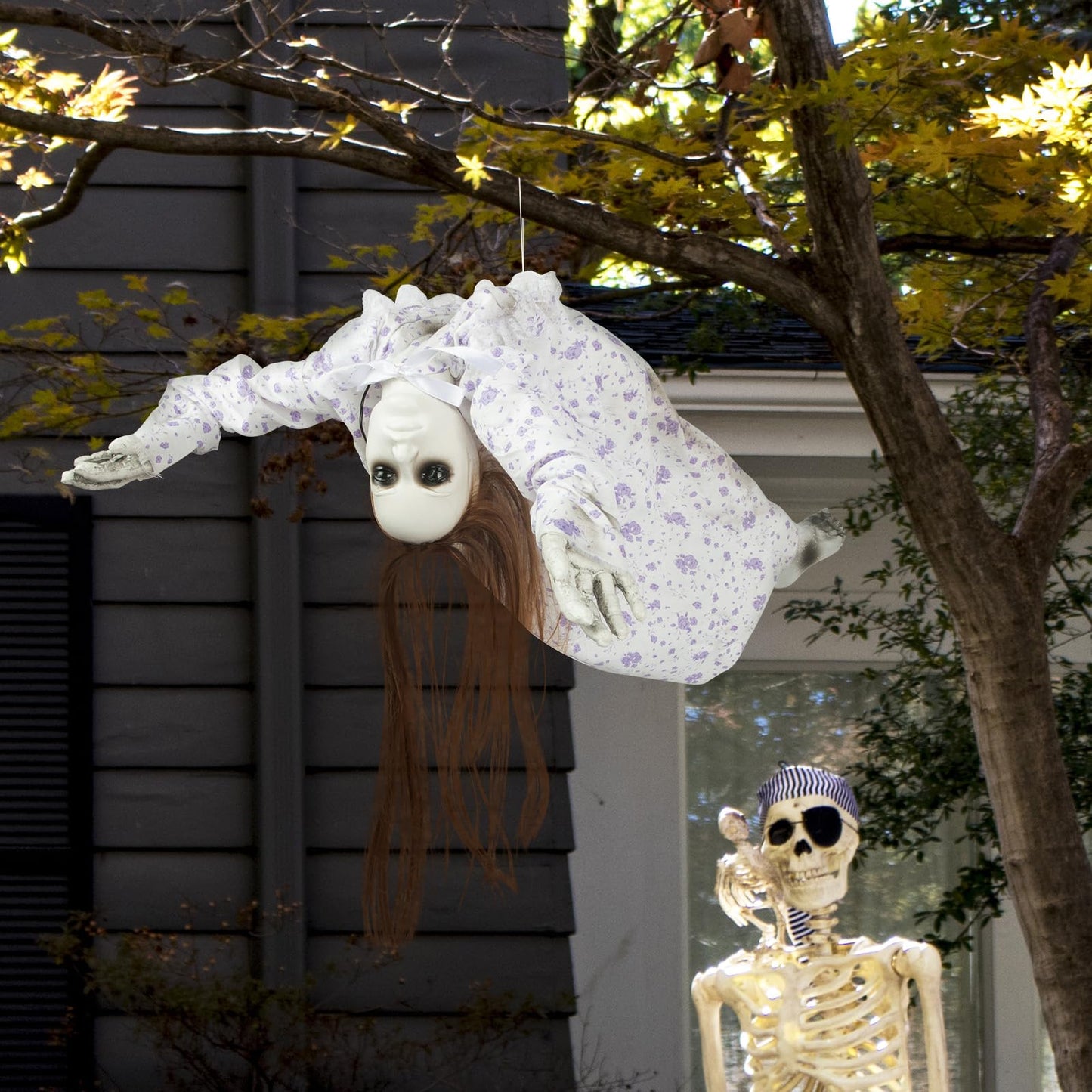 DECORLIFE 29" Halloween Animatronics, Hanging Ghost Girl with Sound Sensor and Glowing Body, Animated Haloween Decorations for Yard Lawn Garden Haunted House Scary Halloween Props