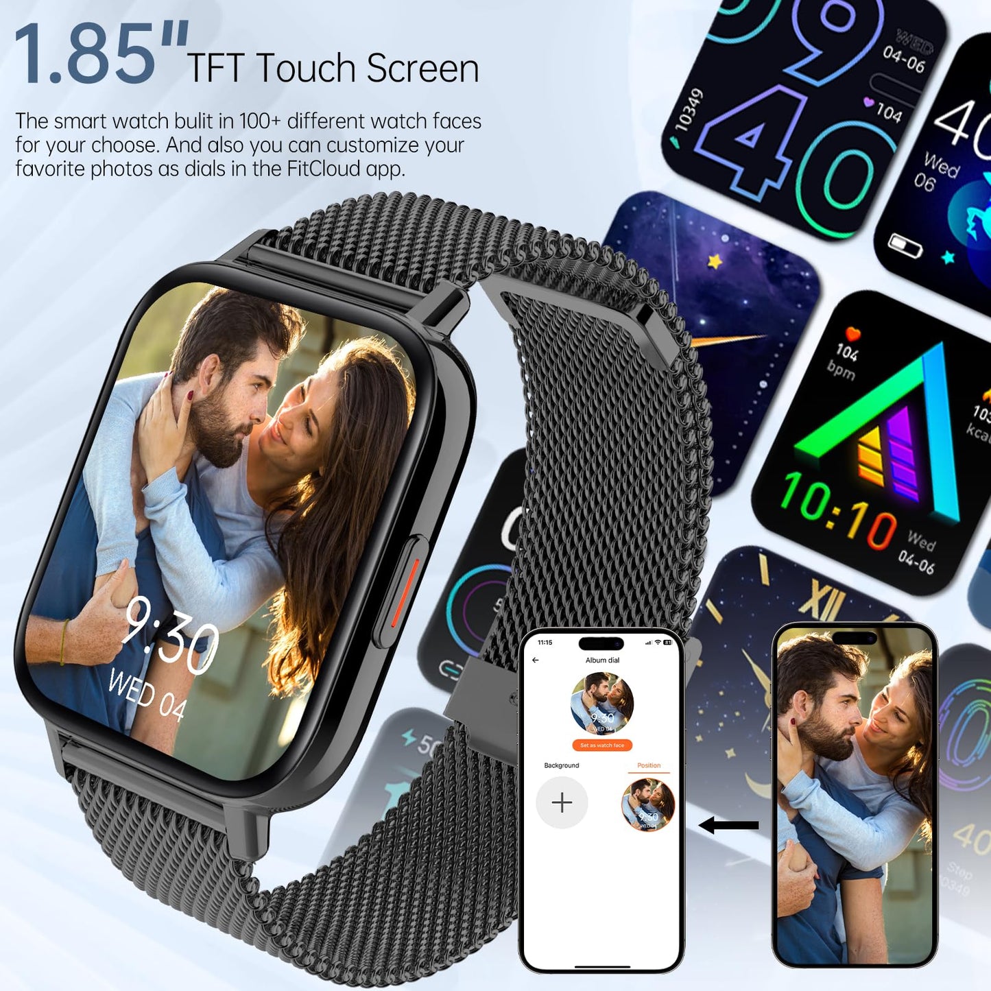 Smart Watch for Women Men(Answer/Dial Calls) 1.85" HD AI Voice Smartwatch with Fitness Tracker/Step Counter/Heart Rate Sleep Monitor, 120+ Sports Modes, IP68 Waterproof for Android/iOS Black 2 Bands