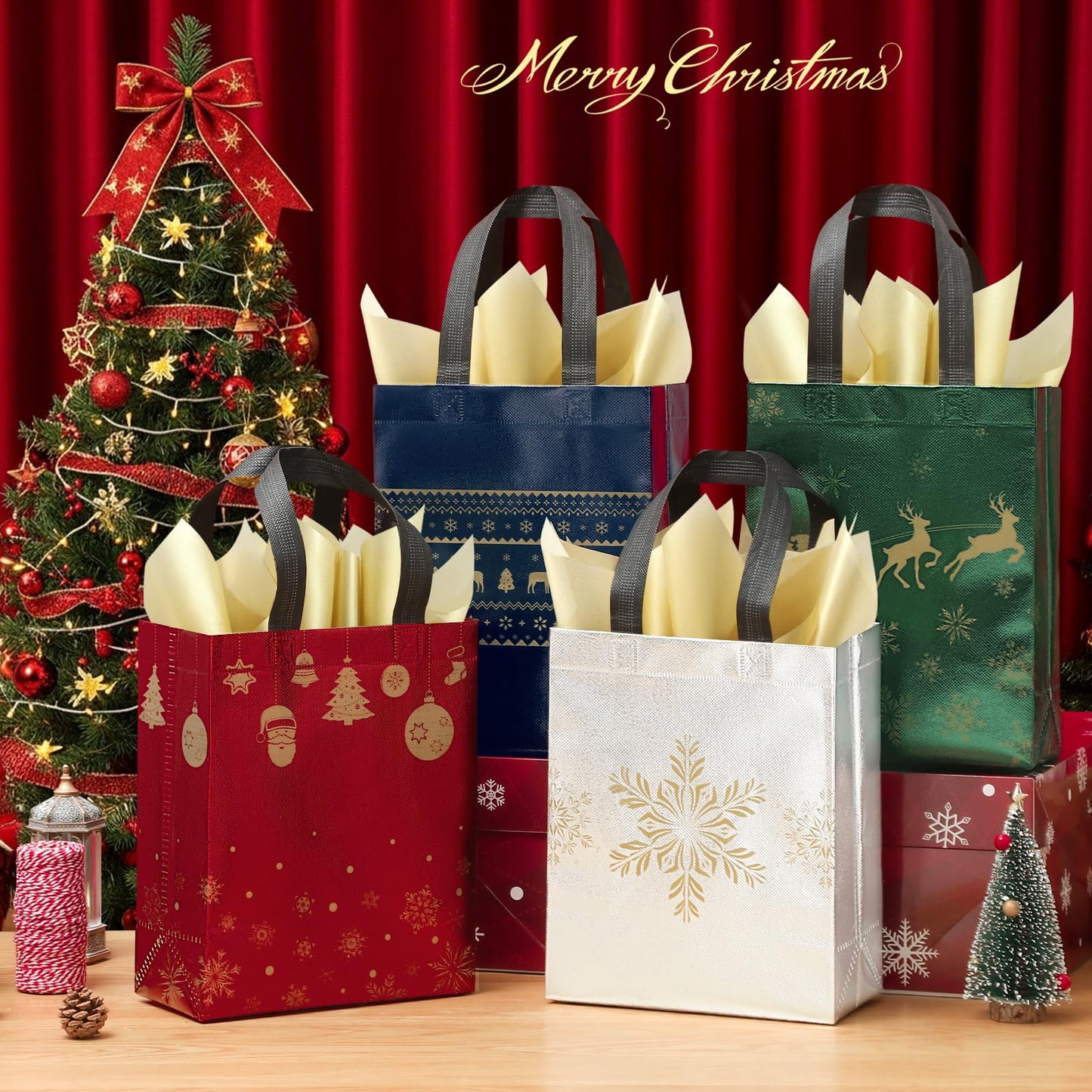STYPOP 16 Pack 10" Christmas Gift Bags Medium Size with Tissue Paper, Reusable Non-Woven Christmas Tote Bags with Handles, Perfect for Holiday Gift Wrap/Party Favor Supplies, 10.2" ร 8.3" ร 4"