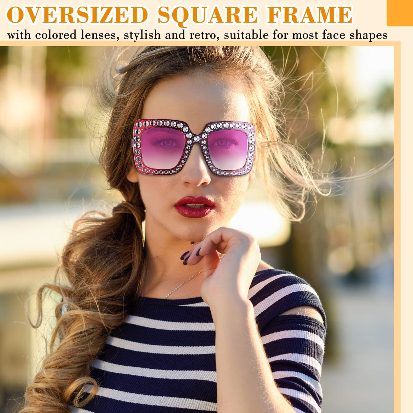 Chuangdi 24 Pcs Women Disco Sunglasses 70s Rhinestone Crystal Sunglasses Bulk Large Square Sparkling Glasses Thick Frame(Mixed Color)