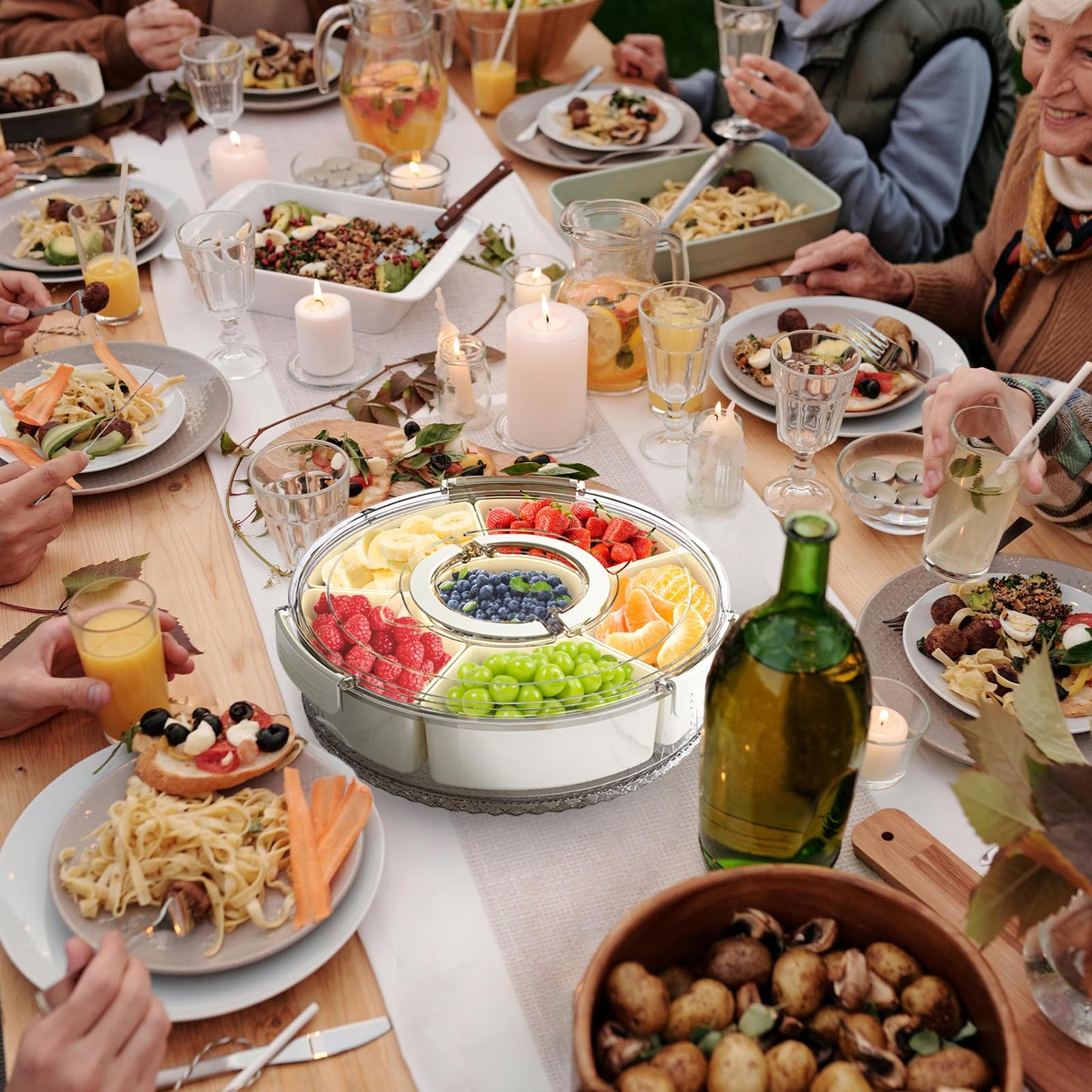 riyeloi Divided Serving Tray with Lid and Handle, Stackable Snackle Box Container for Fruits Candy Organizer, Portable Spinning Rounded Veggie Tray for Kitchen, Party, Trave and Picnic-1 PACK