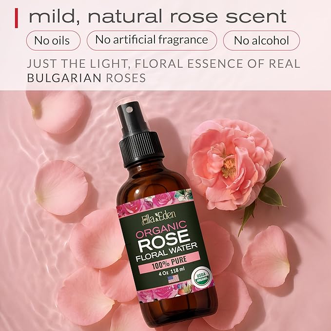 Ella & Eden Organic Rose Water Spray for Face, Hair | Hydrating, Refreshing Face Mist | USDA Certified 100% Pure Steam Distilled Hexane-Free - 4 Oz