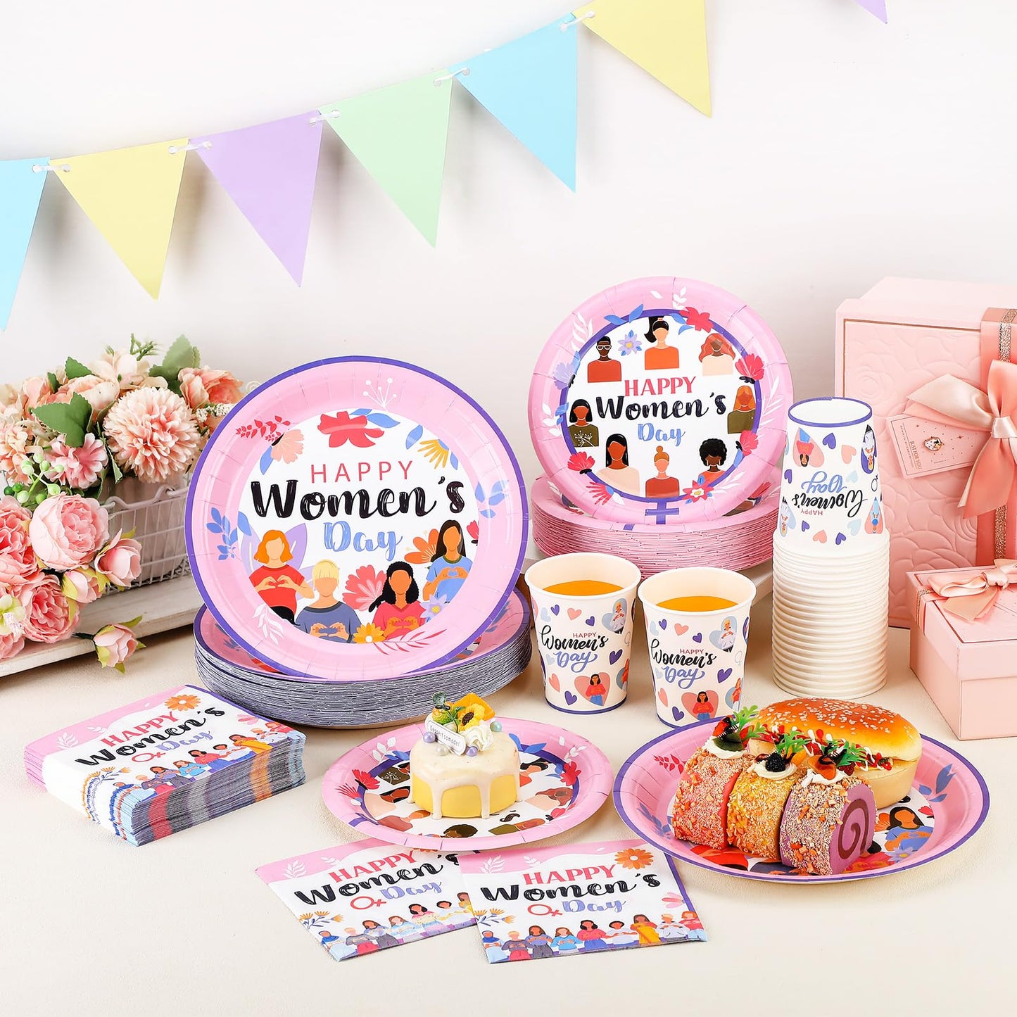 Teenyyou 200 Pcs Women's Day Party Supplies Womens History Month Decorations International Womens Day Decoration Plate and Napkin Set Serve 50 Guest Disposable Dinnerware for Birthday Holiday Supplies