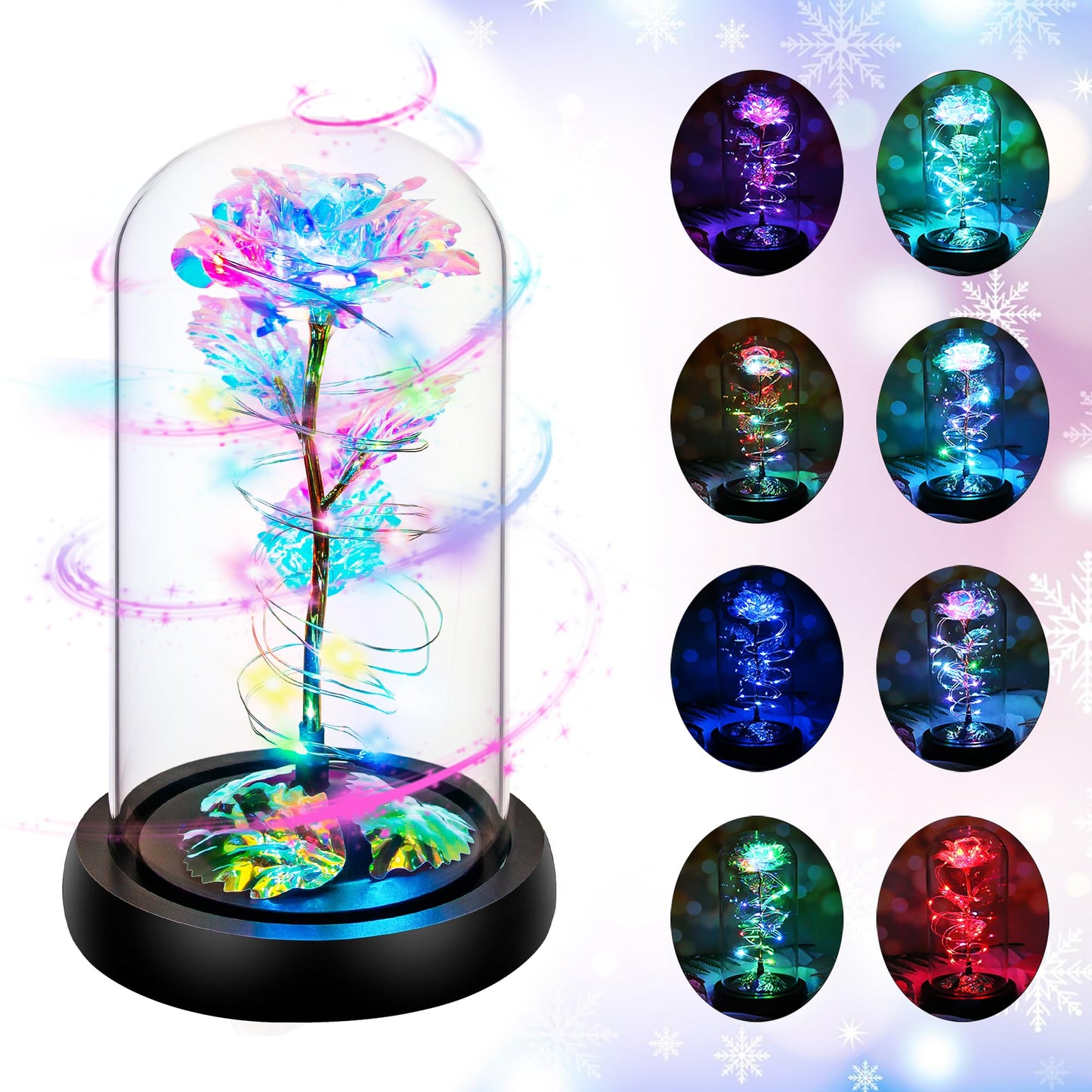 Childom Birthday Gifts for Women,Flowers for Delivery Prime,Rotating Colorful Rainbow Light Up Rose in A Glass Dome,Spinning Christmas Rose Gifts for Her Mom Wife Girl Grandma on Anniversary Valentine