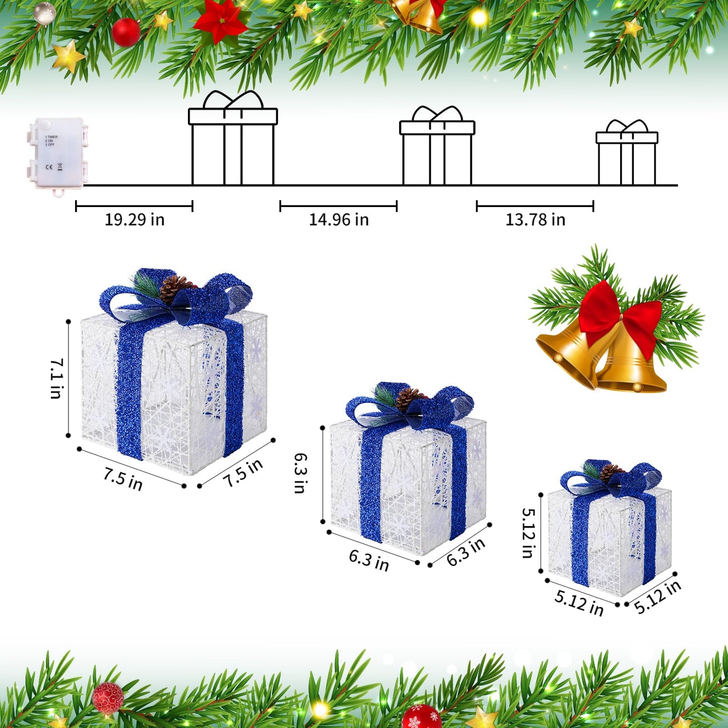 Christmas Decorations, Set of 3 Christmas Lighted Gift Boxes, Battery Operated Xmas Present Boxes, Warm White LED with Bows for Indoor Christmas Tree, Yard, Home Decor (Blue Bow)