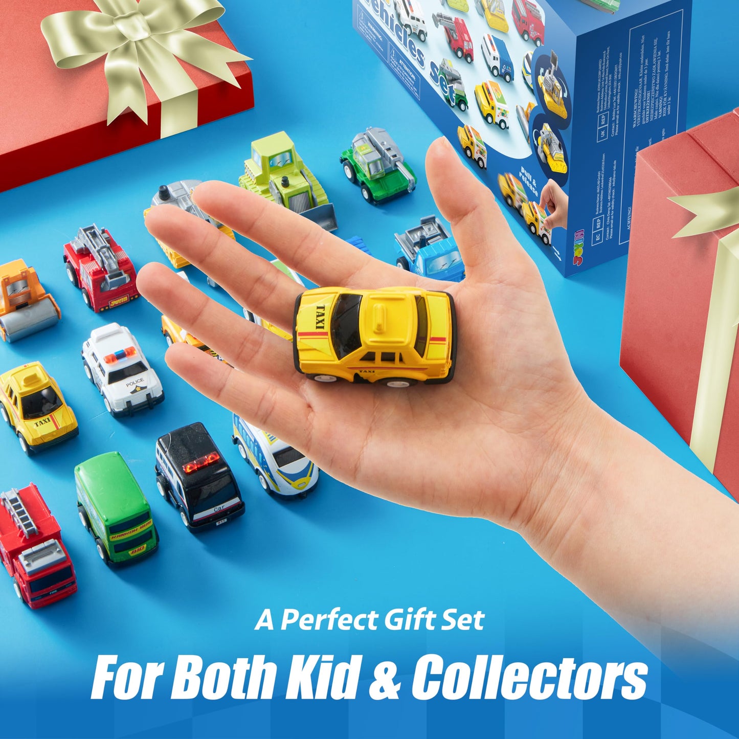 JOYIN 18 Pcs Pull Back City Cars and Trucks Toy Vehicles Set, Friction Powered Cars Toys for Toddlers, Boys, Girls’ Educational Play, Kids Stocking Stuffers, Treasure Box Gifts for Classroom