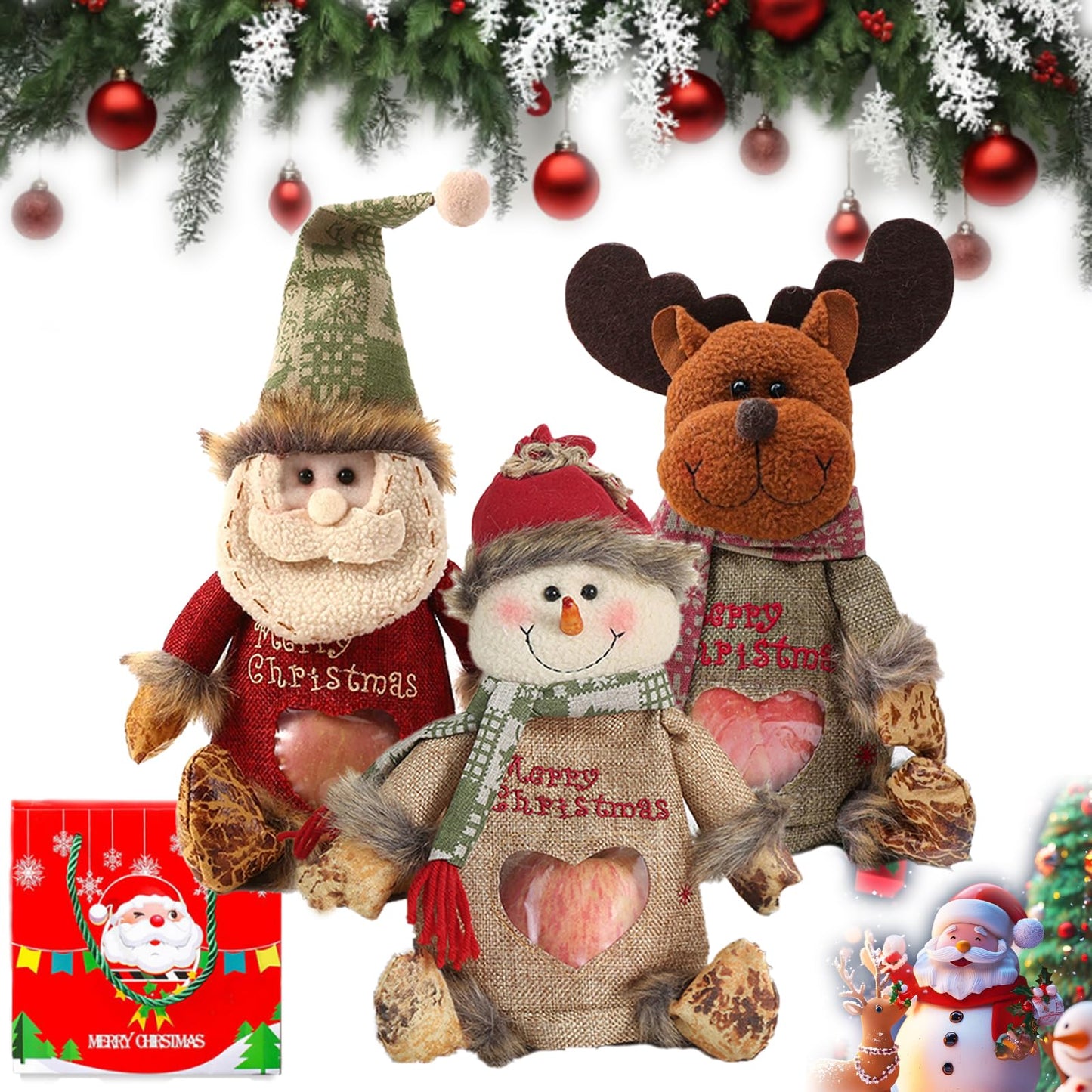 Christmas Gift Bags Zipper Design, 3D Doll Decoration, Flax Fabric Christmas Apple Bags Zipper Reusable, Xmas Candy Apple Bags with Santa Claus, Snowman, Reindeer for Festival Decor (3PCS)