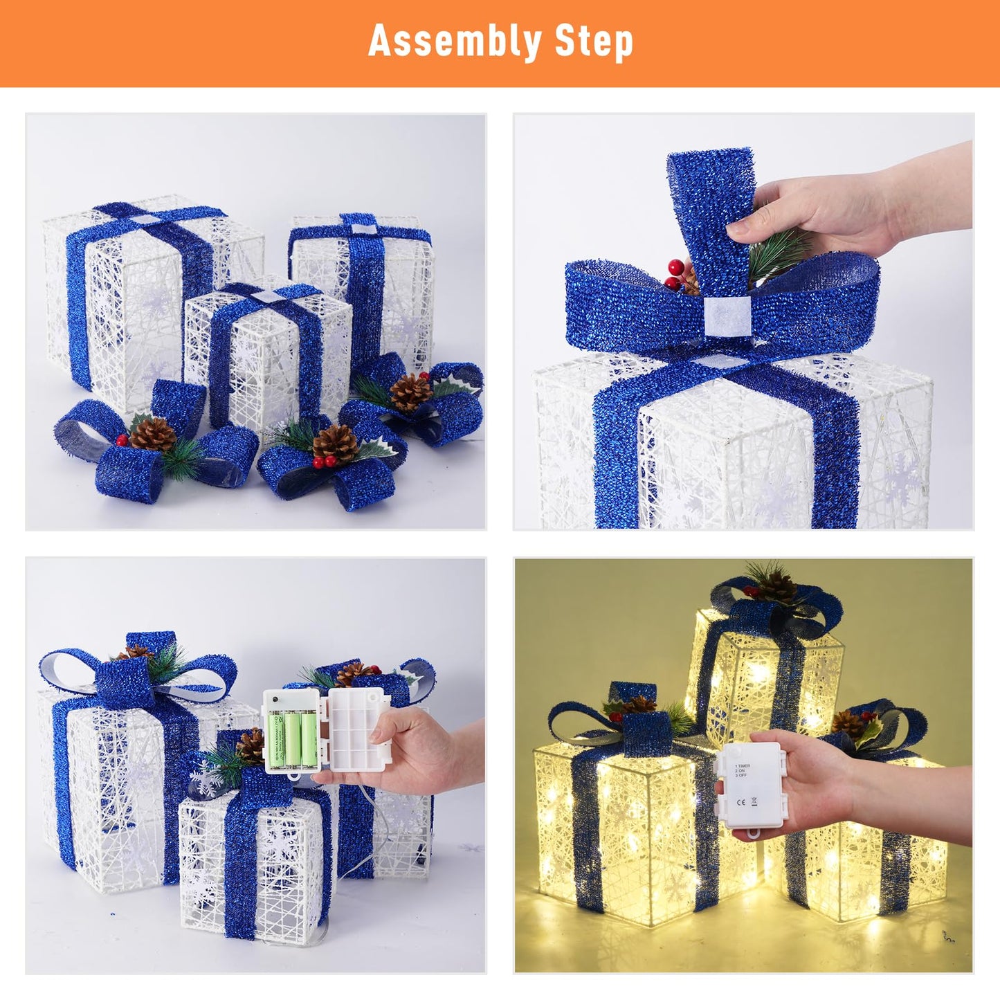 Christmas Decorations, Set of 3 Christmas Lighted Gift Boxes, Battery Operated Xmas Present Boxes, Warm White LED with Bows for Indoor Christmas Tree, Yard, Home Decor (Blue Bow)