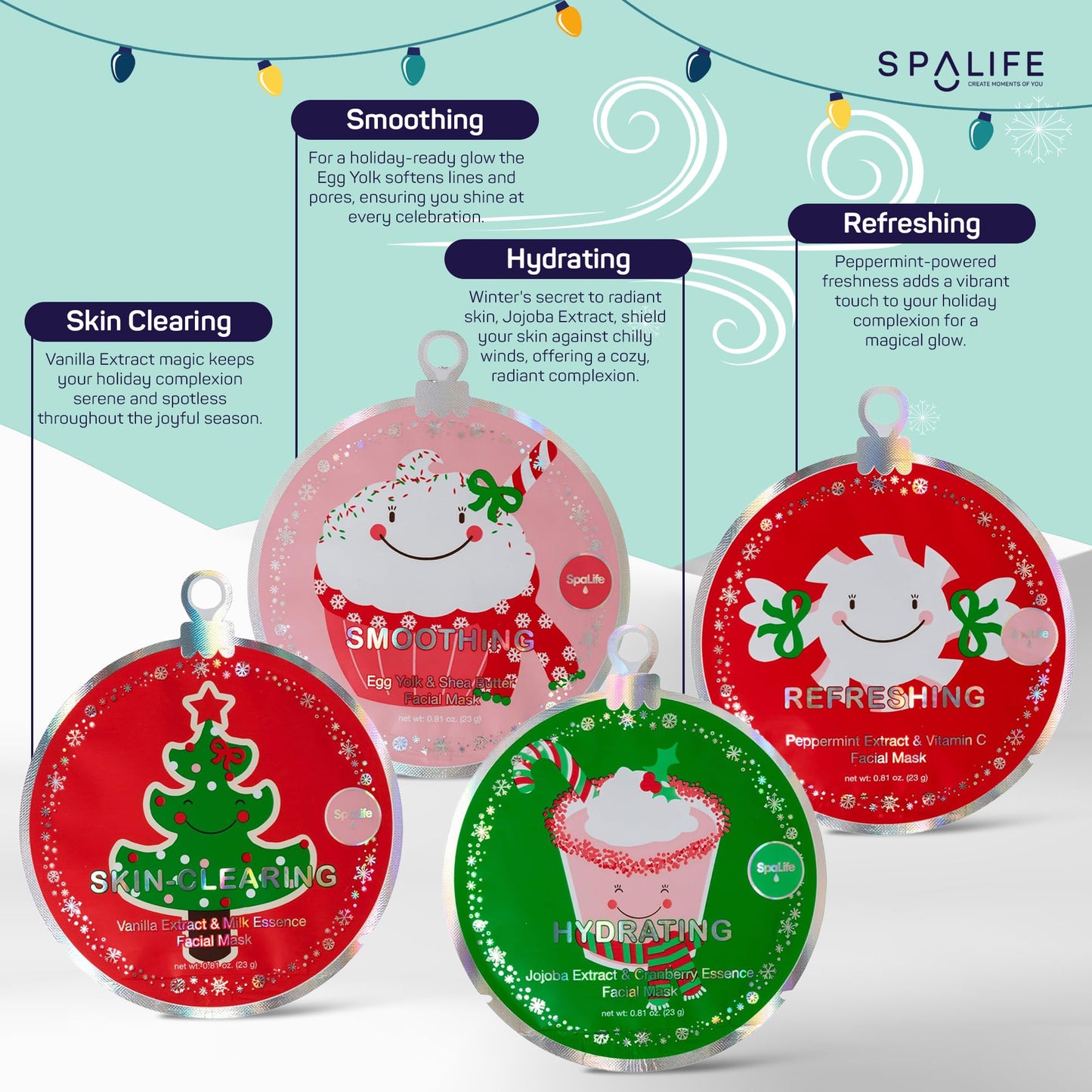 SpaLife Christmas Stocking Stuffer Facial Masks 12-Pack - Hydrating, Smoothing, and Refreshing Skin-Clearing Face Sheet Masks - Skincare Set for Moisturizing and Soothing Beauty