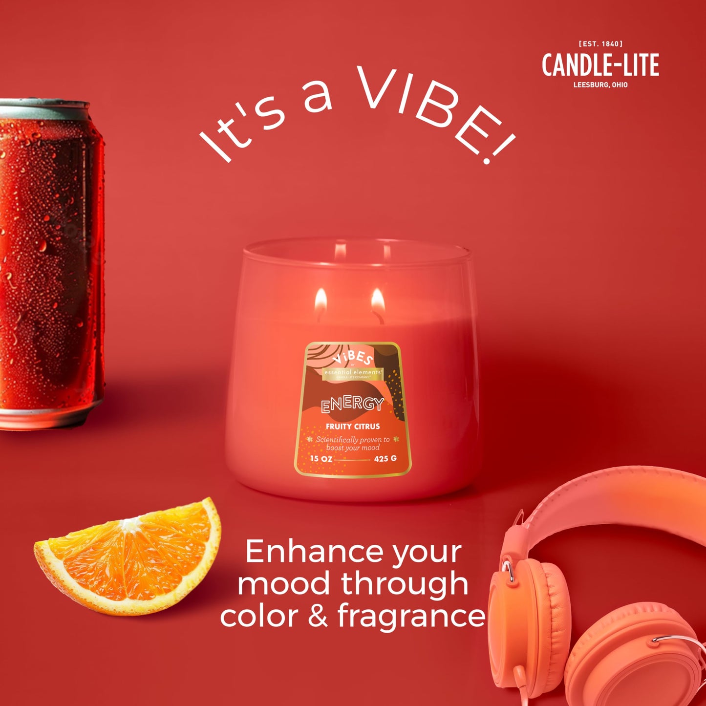 Candle-Lite Vibes Fruity Citrus Mood-Enhancing Scented Candles, 15 oz Jar, Aromatherapy, Proudly Poured in The USA, 2-Wick, 86 Hours Burn Time, Perfect Relaxation Gift