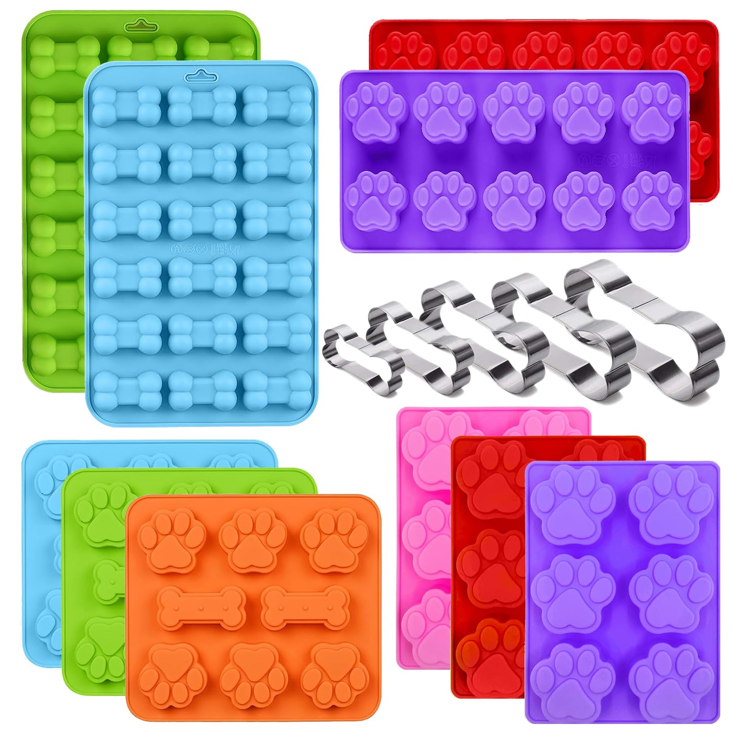 Set of 15 Non-Stick Silicone Dog Treat Molds - Paw and Bone Shapes, Ideal for Frozen Treats, Baking Jelly, Candy, Chocolate, Dog Snack Biscuits