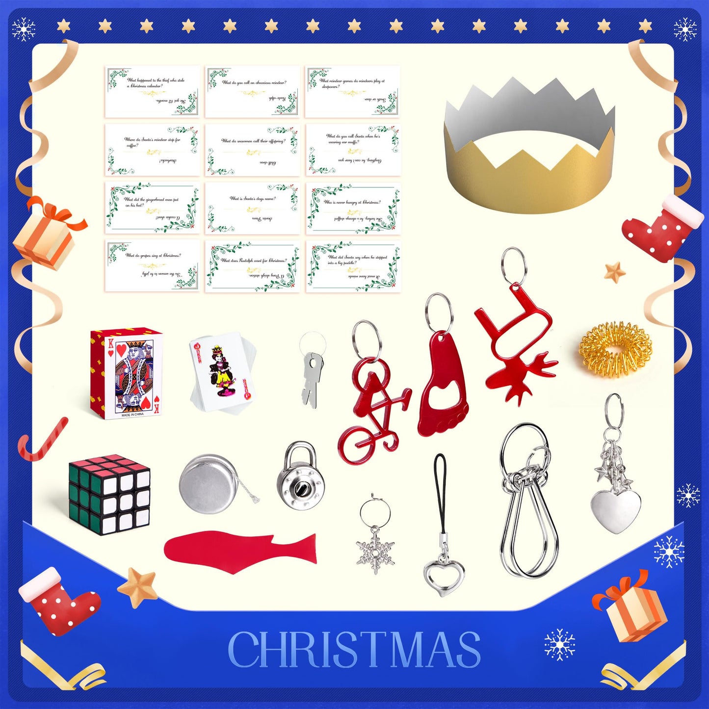 Christmas Crackers, 12 Pack Valentines No Snap Party Favors with Party Hat, Joke & Little Gift Inside for Christmas Thanksgiving Seasonal Holiday Dinner Traditions (Blue and White)