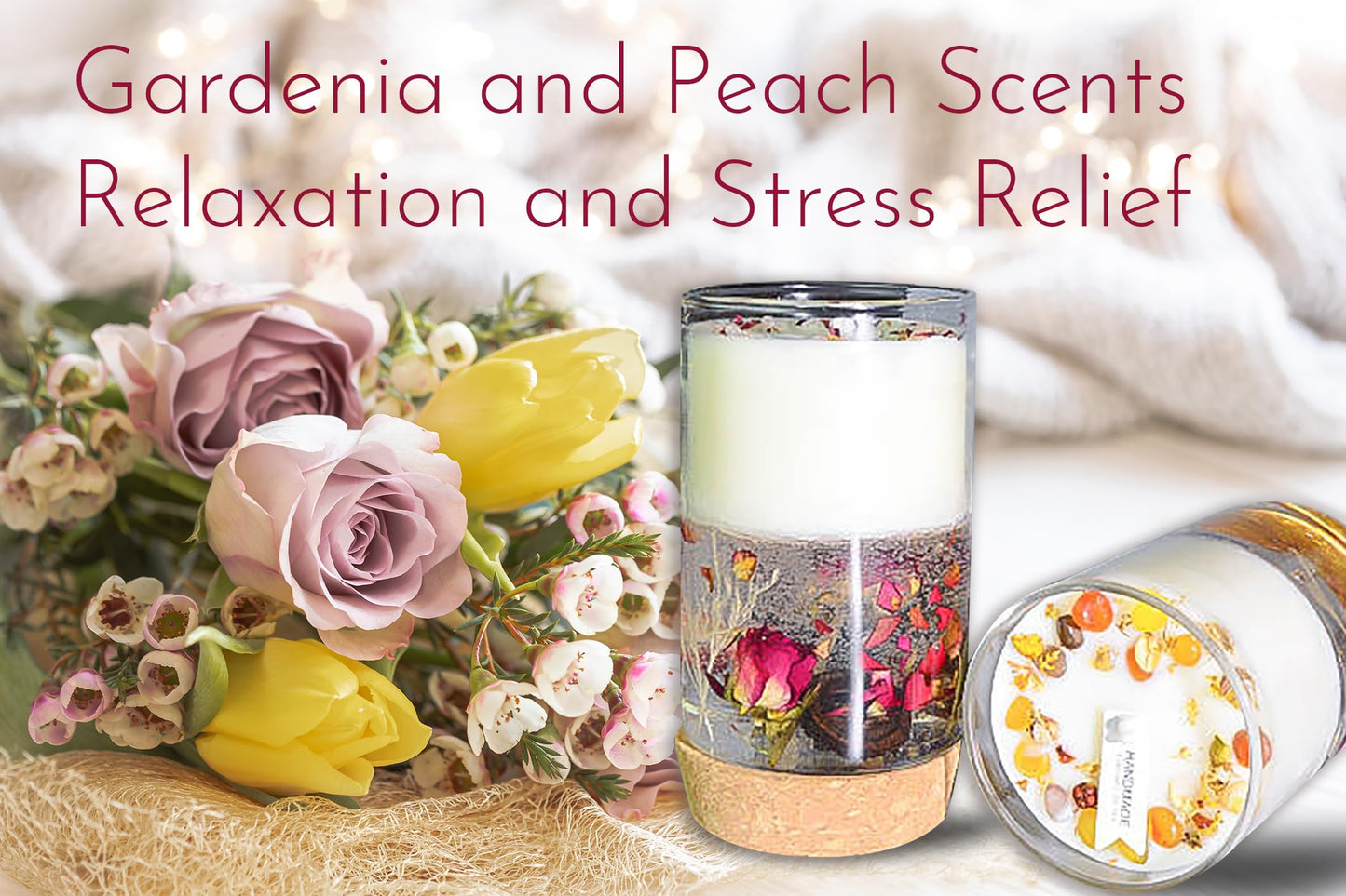 Crystal Candle Gift Set, Organic Natural Flowers in Yelly, Aromatherapy, Healing Gemstones, Botanical Scented Fragrance, Manifestation, Intention, Gel Candle, Christmas, Motherās Day, Gift for Woman