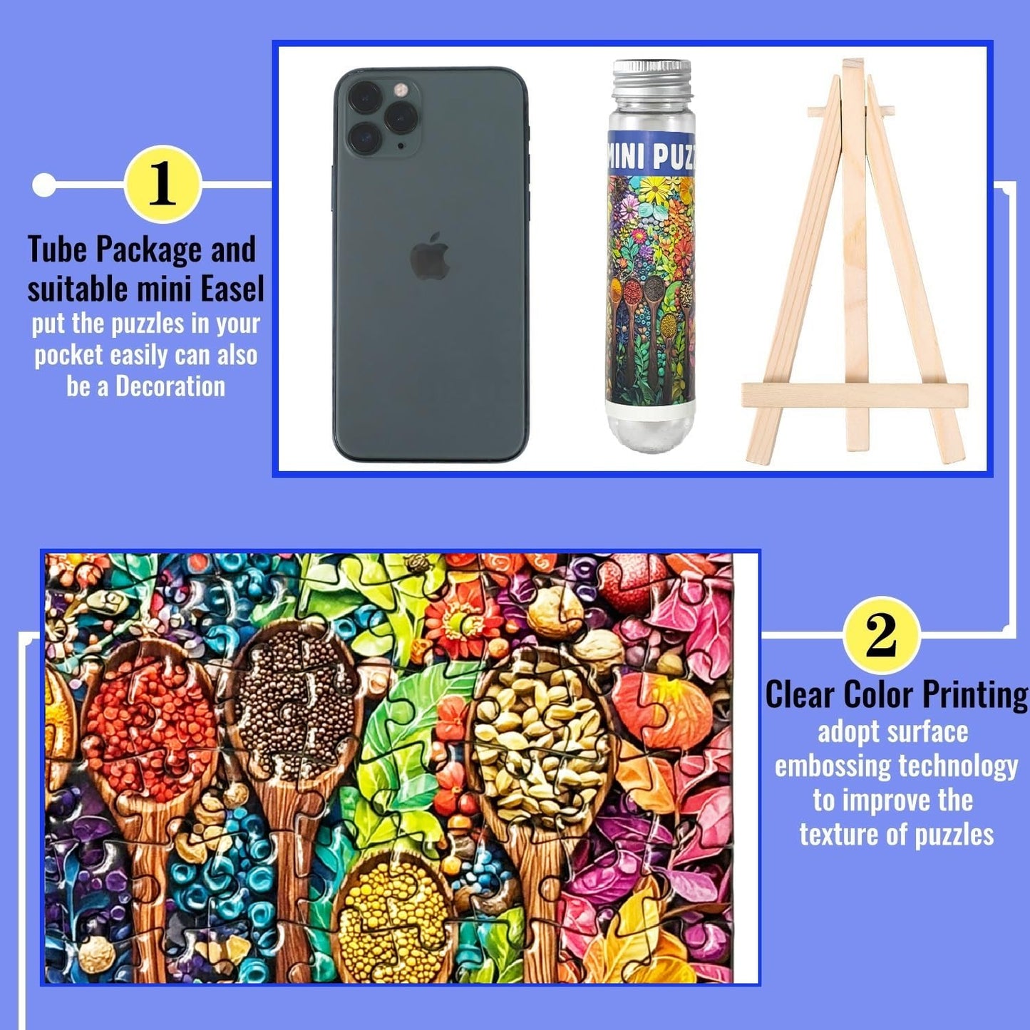 Small Jigsaw Puzzles for Adults 150 Pieces Mini Jigsaw Puzzles Challenging Colorful Macarons & Fruit Puzzles 6 x 4 Inches, 3 Pcs,Mini Easel Included