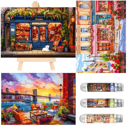 Small Jigsaw Puzzles for Adults 150 Pieces Vintage Streetscape Oil Painting Mini Jigsaw Puzzles Challenging Mini Puzzles Tiny Jigsaw Puzzles 6 x 4 Inches, 3 Pcs,Mini Easel Included