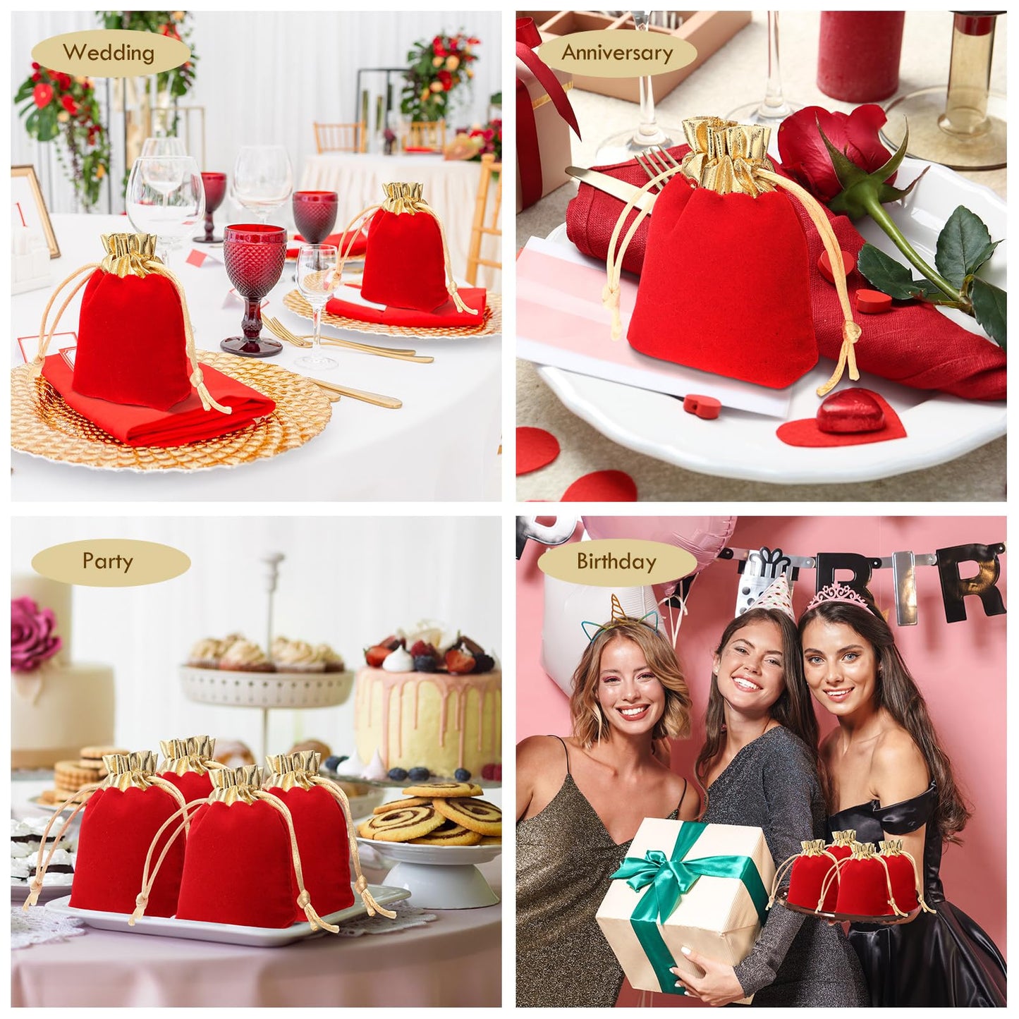 Sweetude 100 Pieces Velvet Drawstring Bags Jewelry Pouches for Christmas 2.76 x 3.54 Inches Wedding Mini Gift Bags for Christmas, Party Favors (Gold Opening Red)