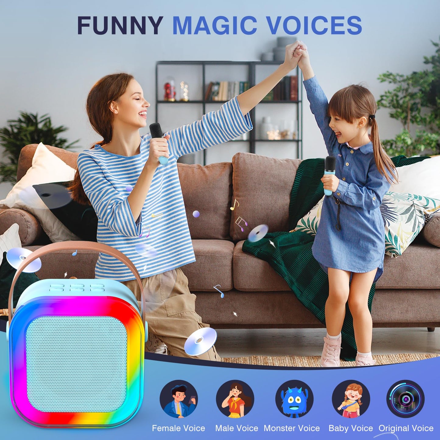 TAEMVV Mini Karaoke Machine for Kids Ages 2-12, Portable Bluetooth Karaoke Speaker with LED Party Lights & 2 Wireless Microphones, Perfect Birthday & Holiday Toys Gifts for Girls Boys (Blue)