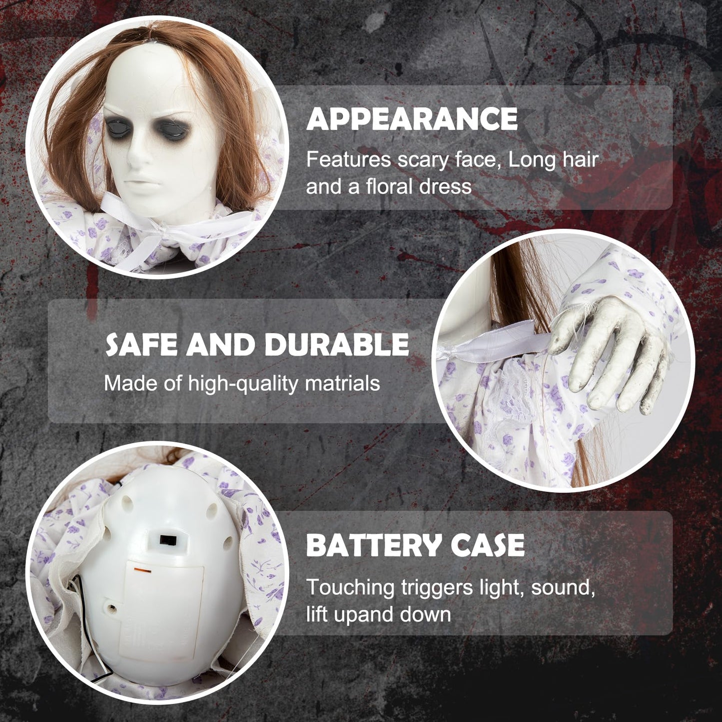 DECORLIFE 29" Halloween Animatronics, Hanging Ghost Girl with Sound Sensor and Glowing Body, Animated Haloween Decorations for Yard Lawn Garden Haunted House Scary Halloween Props